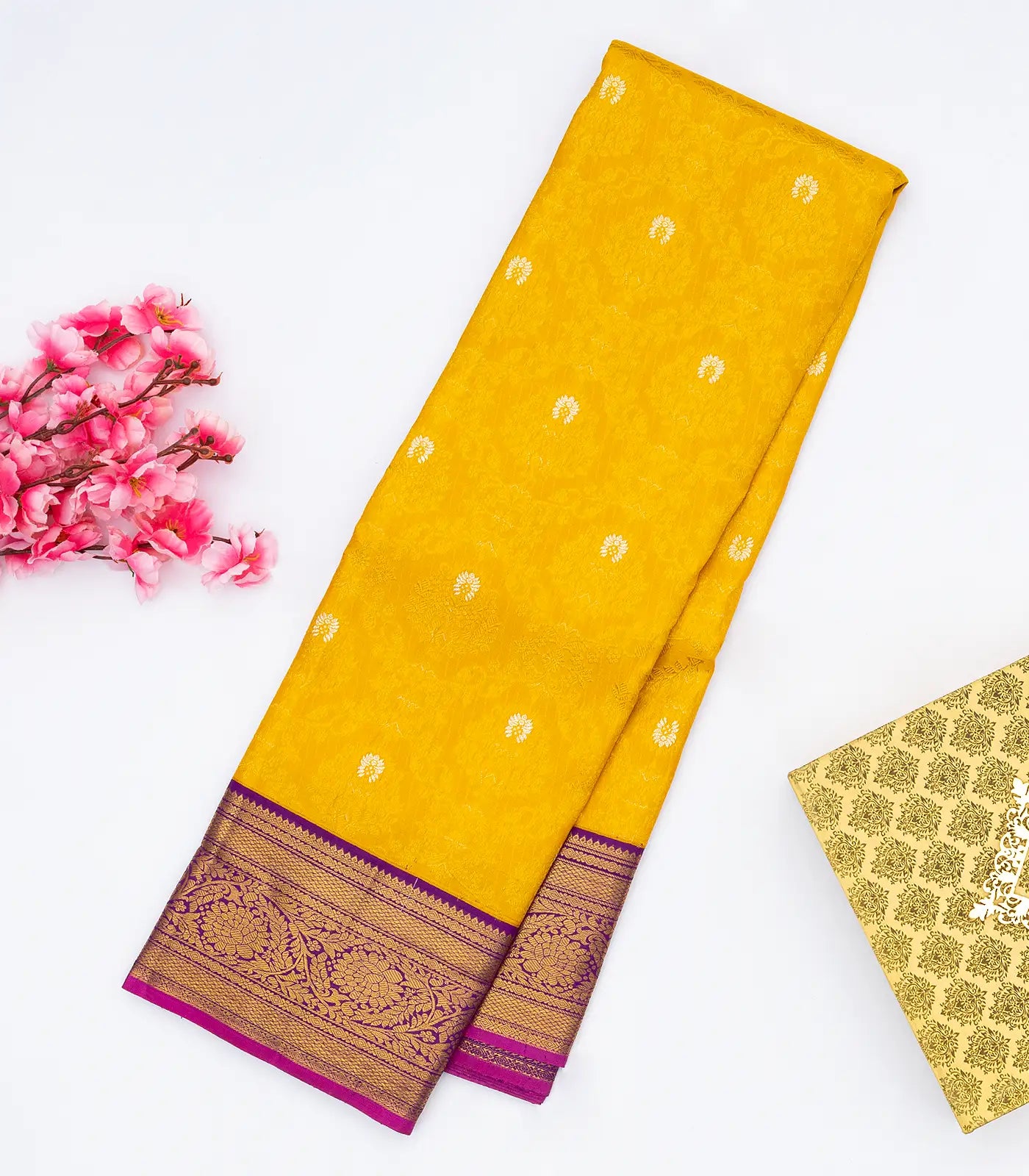 RmKV Yellow Handloom Kanchipuram Korvai Silk Saree With Floral Motifs & Contrast Magenta Border