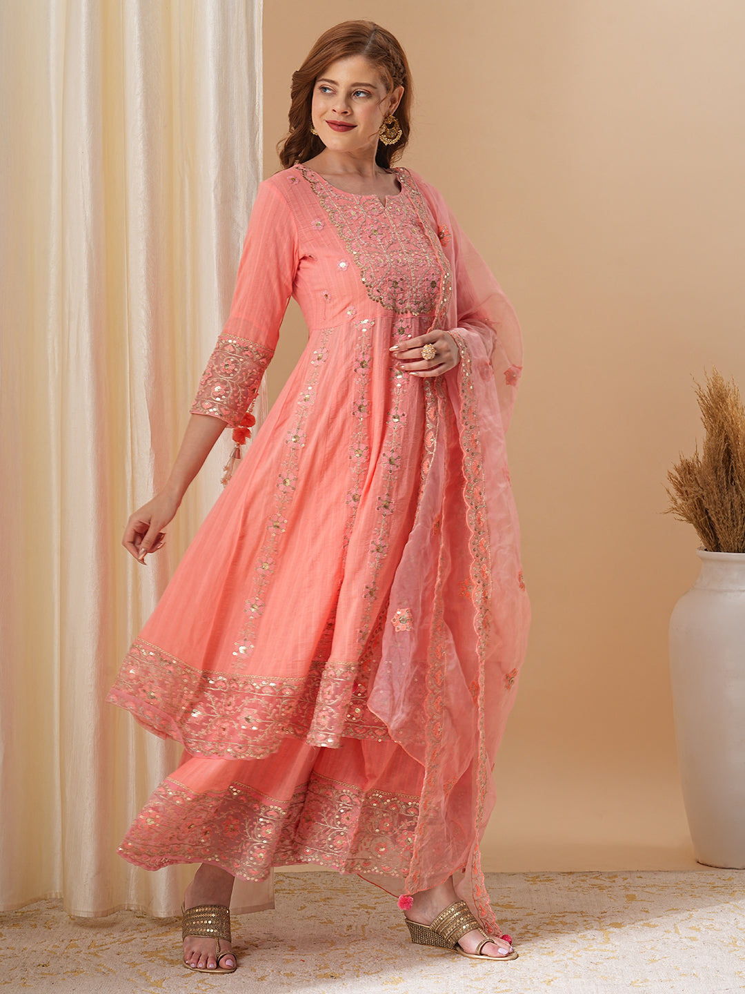 FASHOR Floral Embroidered Anarkali Kurta with Palazzo & Organza Dupatta - Peach