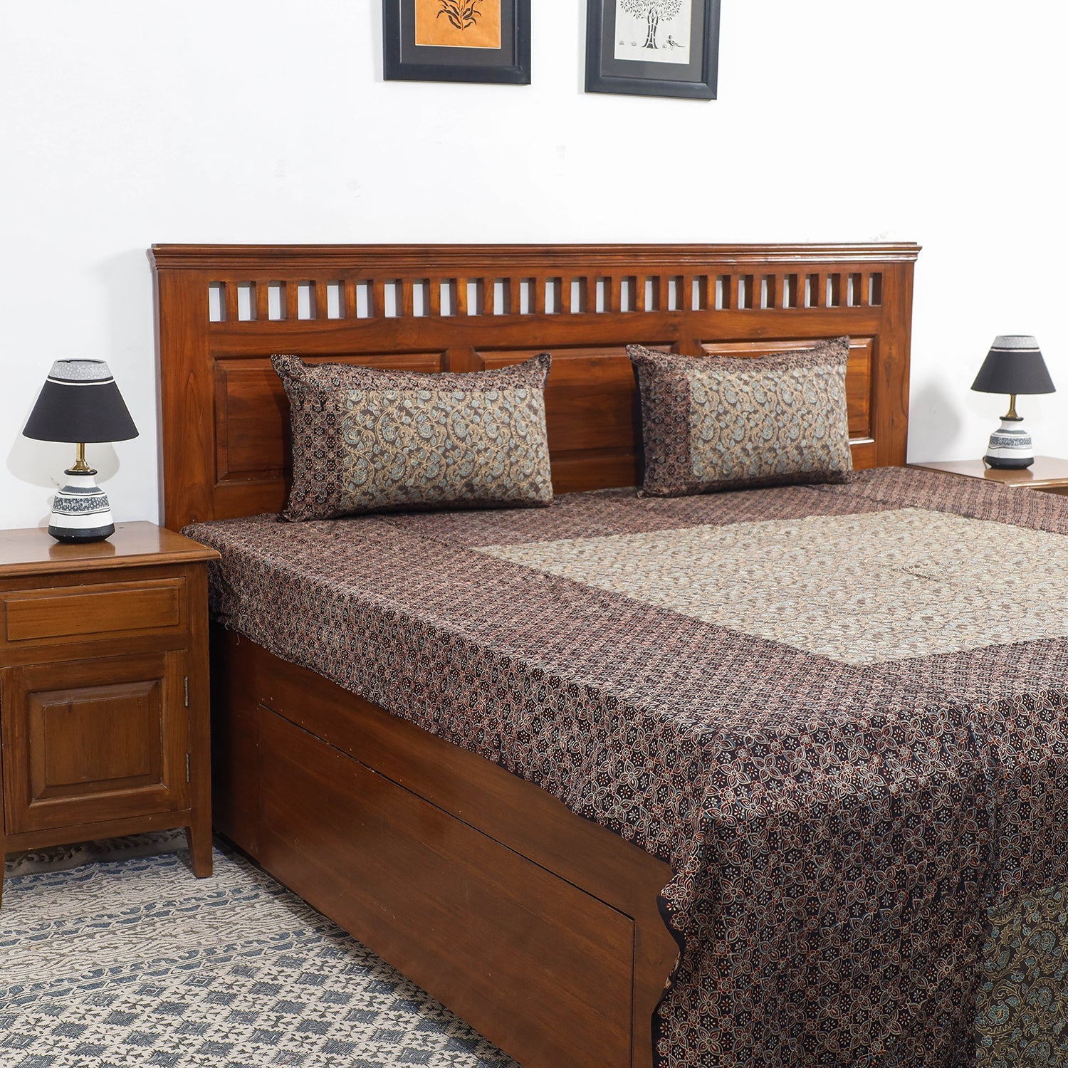 HAVELI CHRONICLES Brown - Ajrakh Patch Tukdi Kaam Cotton Double Bed Cover with Pillow Covers (109 x 86 in)