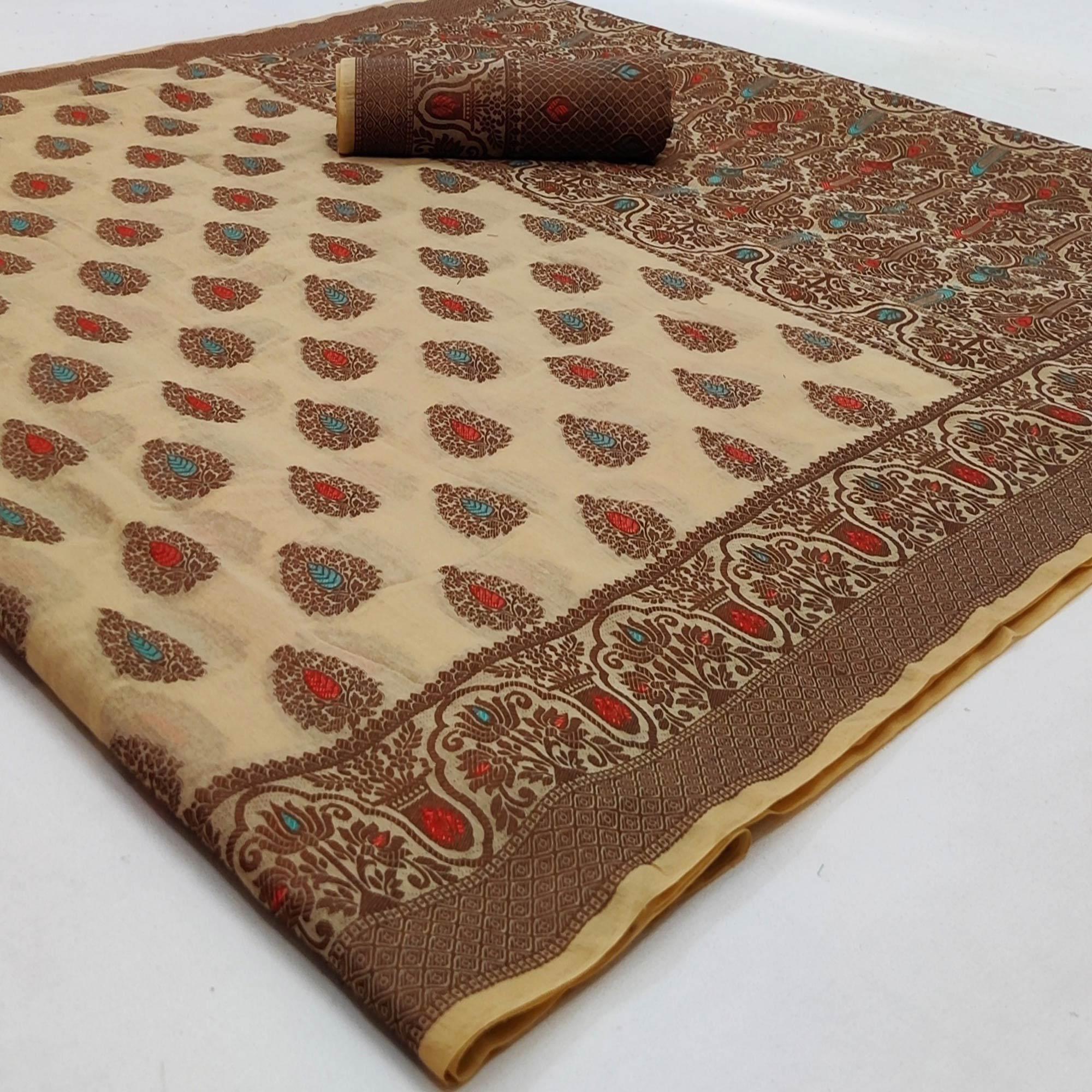 Peachmode Cream Festive Wear Woven Cotton Silk Saree