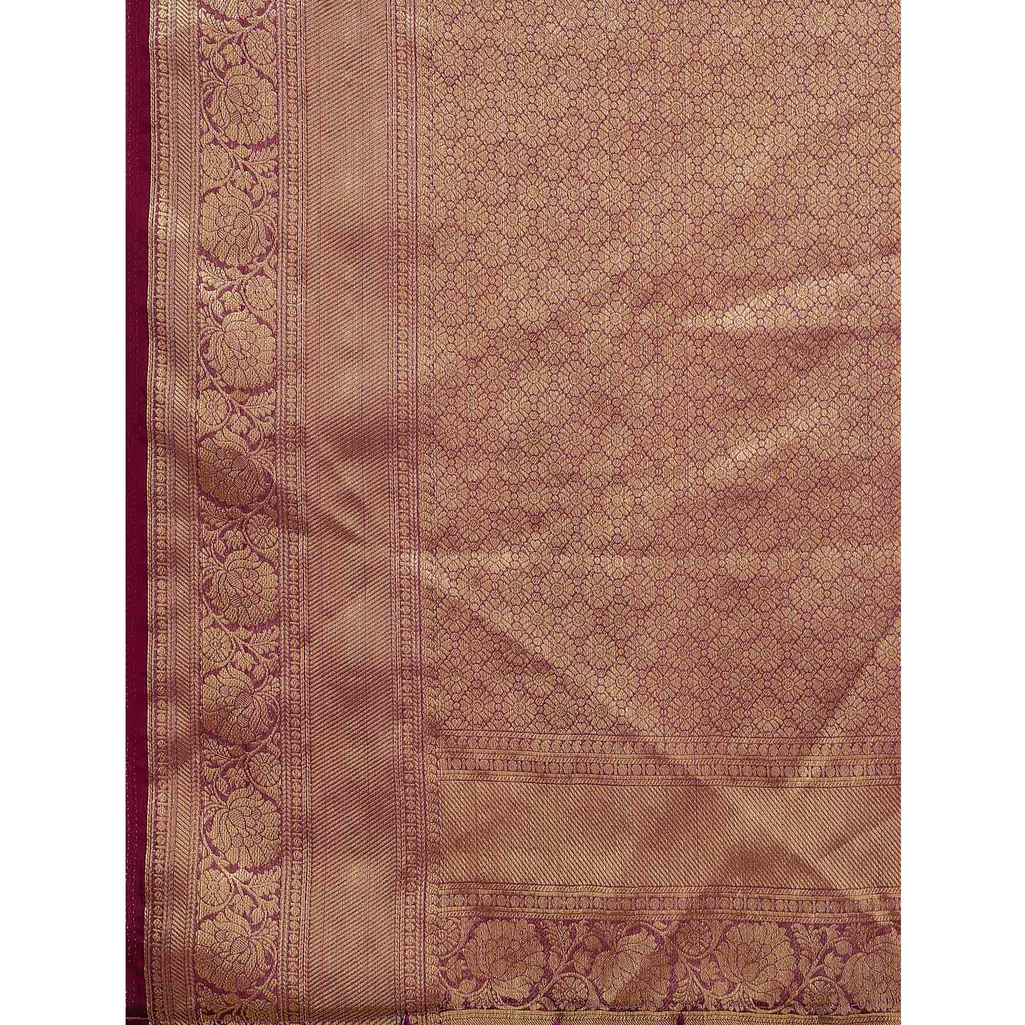 Peachmode Maroon Woven Organza Saree With Tassels - view 8