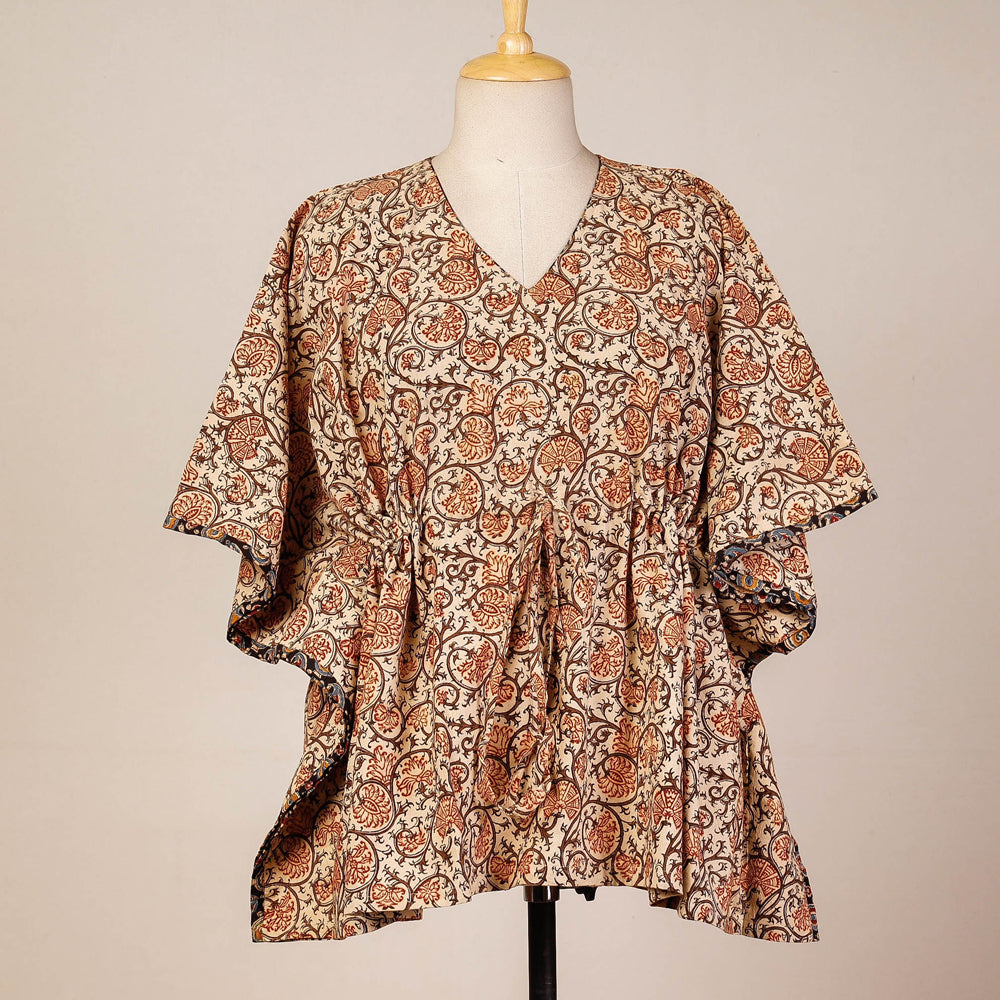 CHUTNEY CRAFT STUDIO Beige - Block Print Cotton Kalamkari Kaftan with Tie-Up Waist (Short)