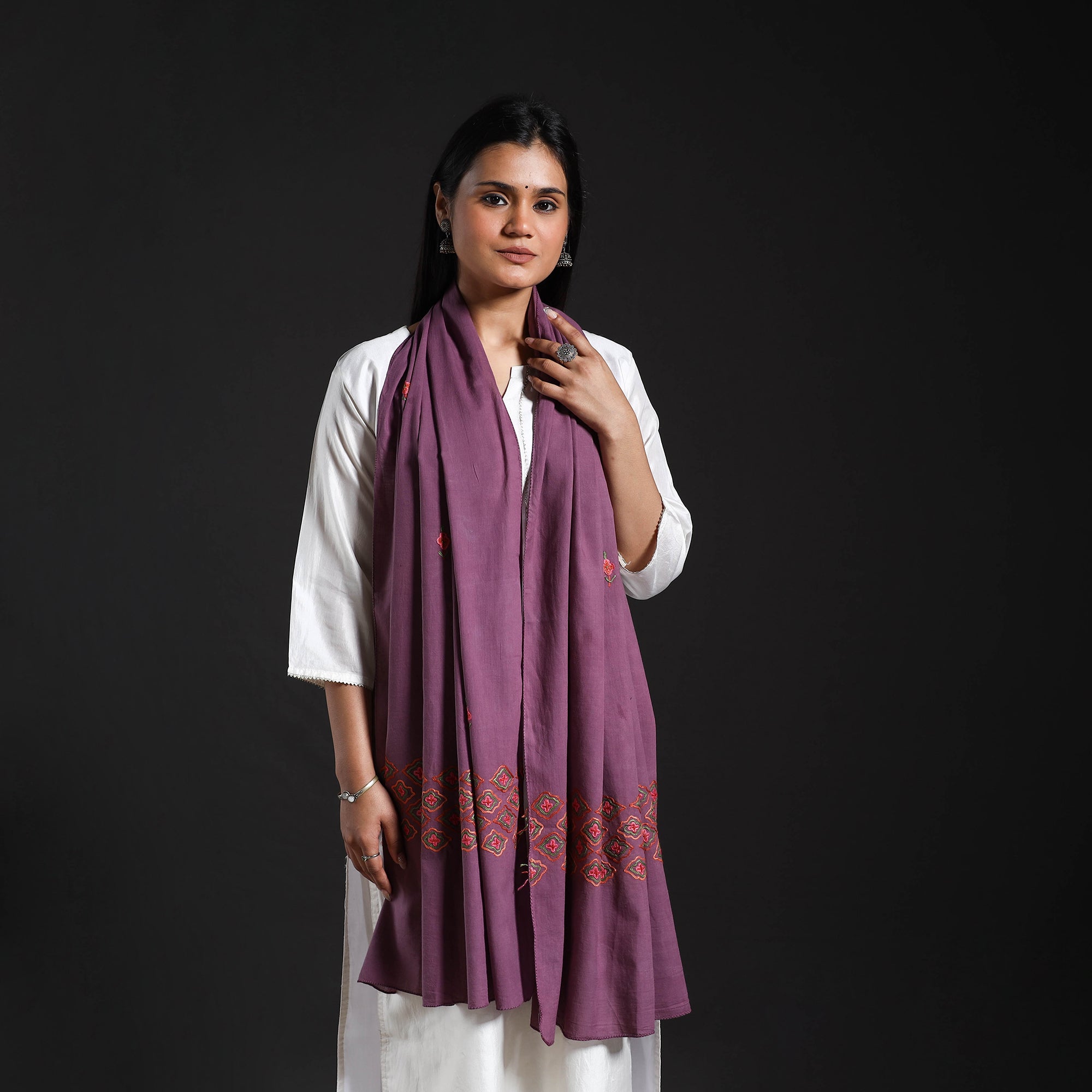 ITOKRI CRAFTS INITIATIVE Brown - Purple - Cotton Kashida Embroidery Stole 15