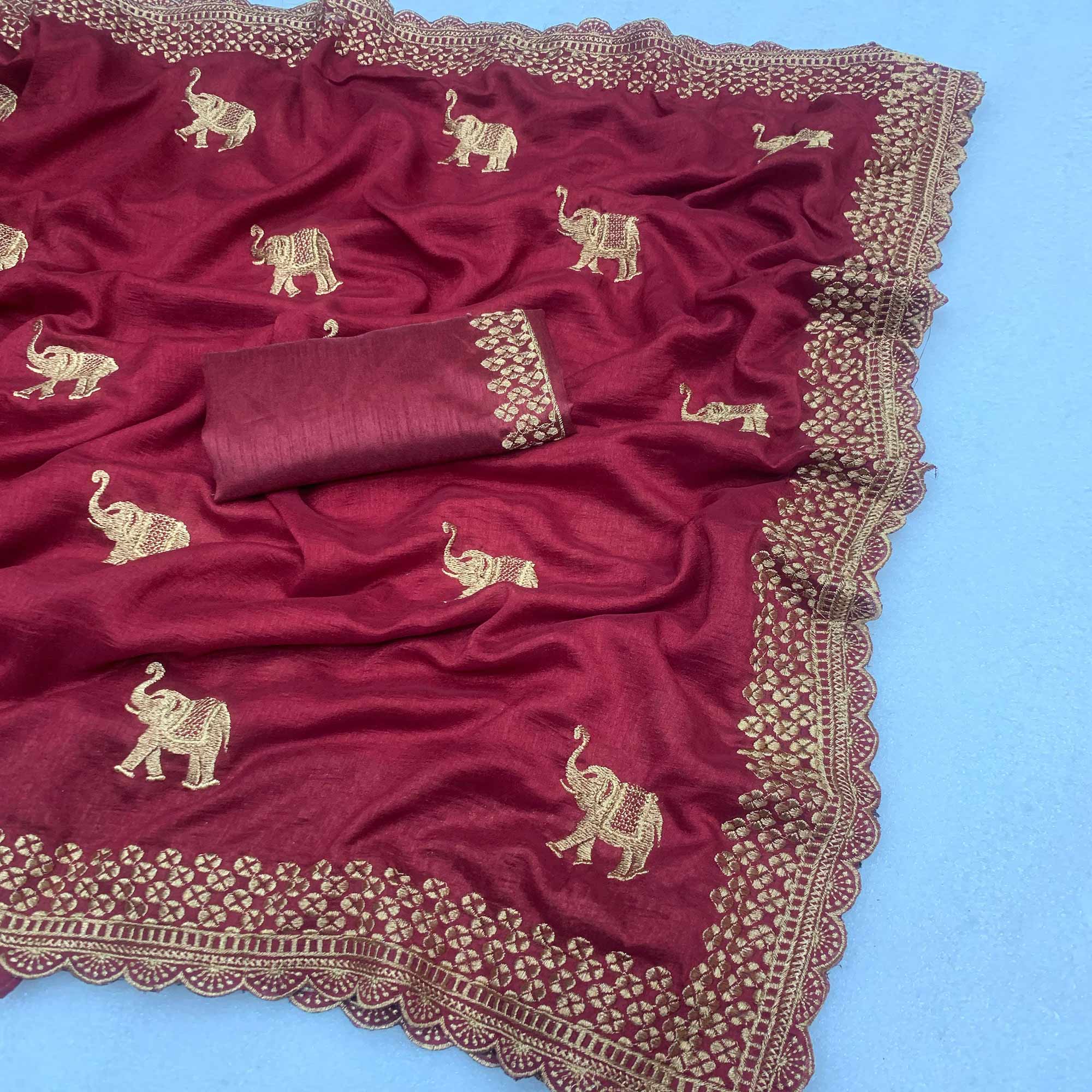 Peachmode Maroon Embroidered Vichitra Silk Saree