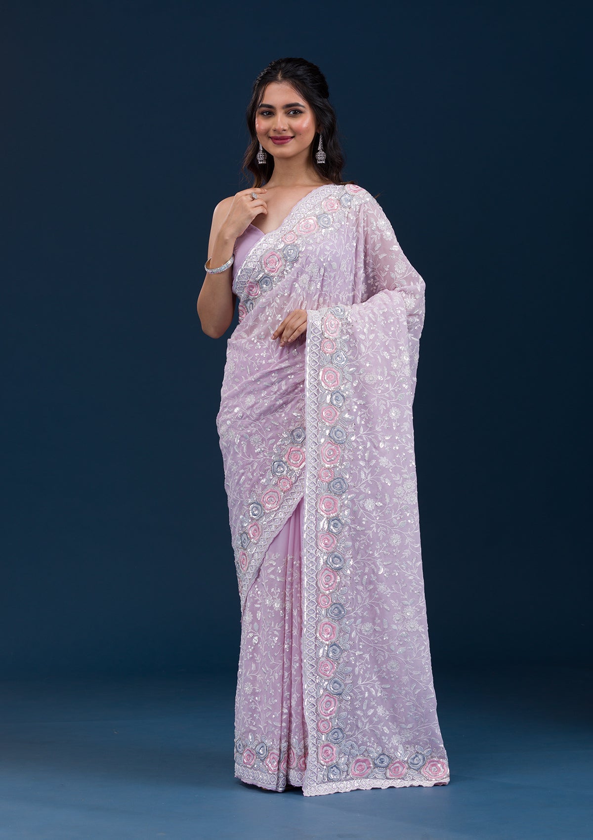 Koskii Lavender Zariwork Georgette Saree – Women's