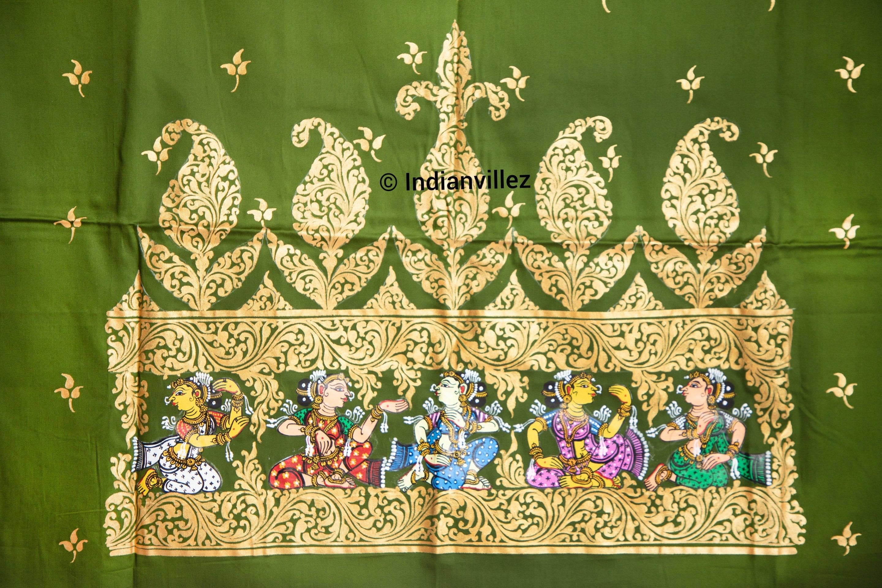 IndianVillèz Unstitched Green Pattachitra Kurti Dress Cotton Material