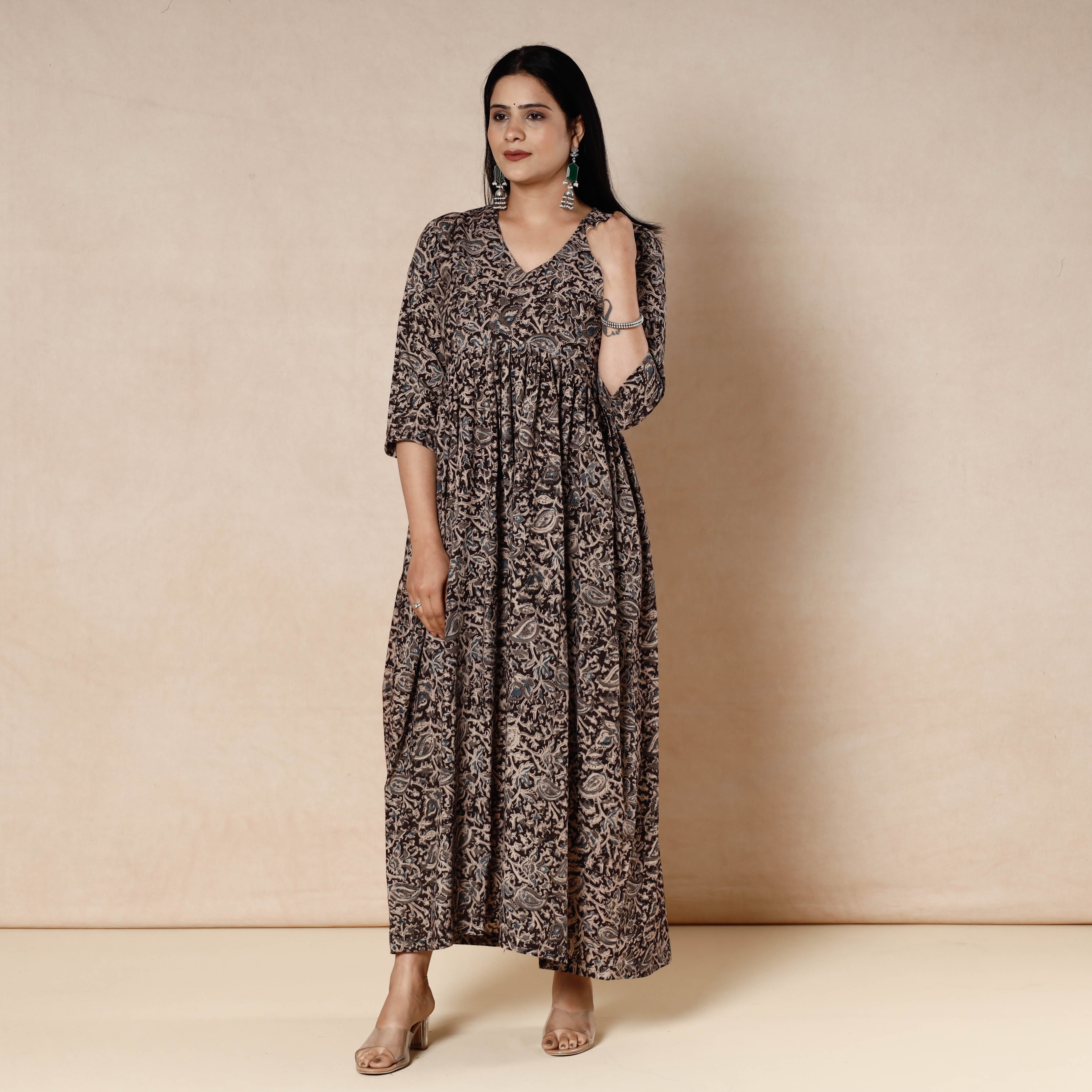 ITOKRI CASUALS Brown - Kalamkari Block Printed Cotton Flared Dress