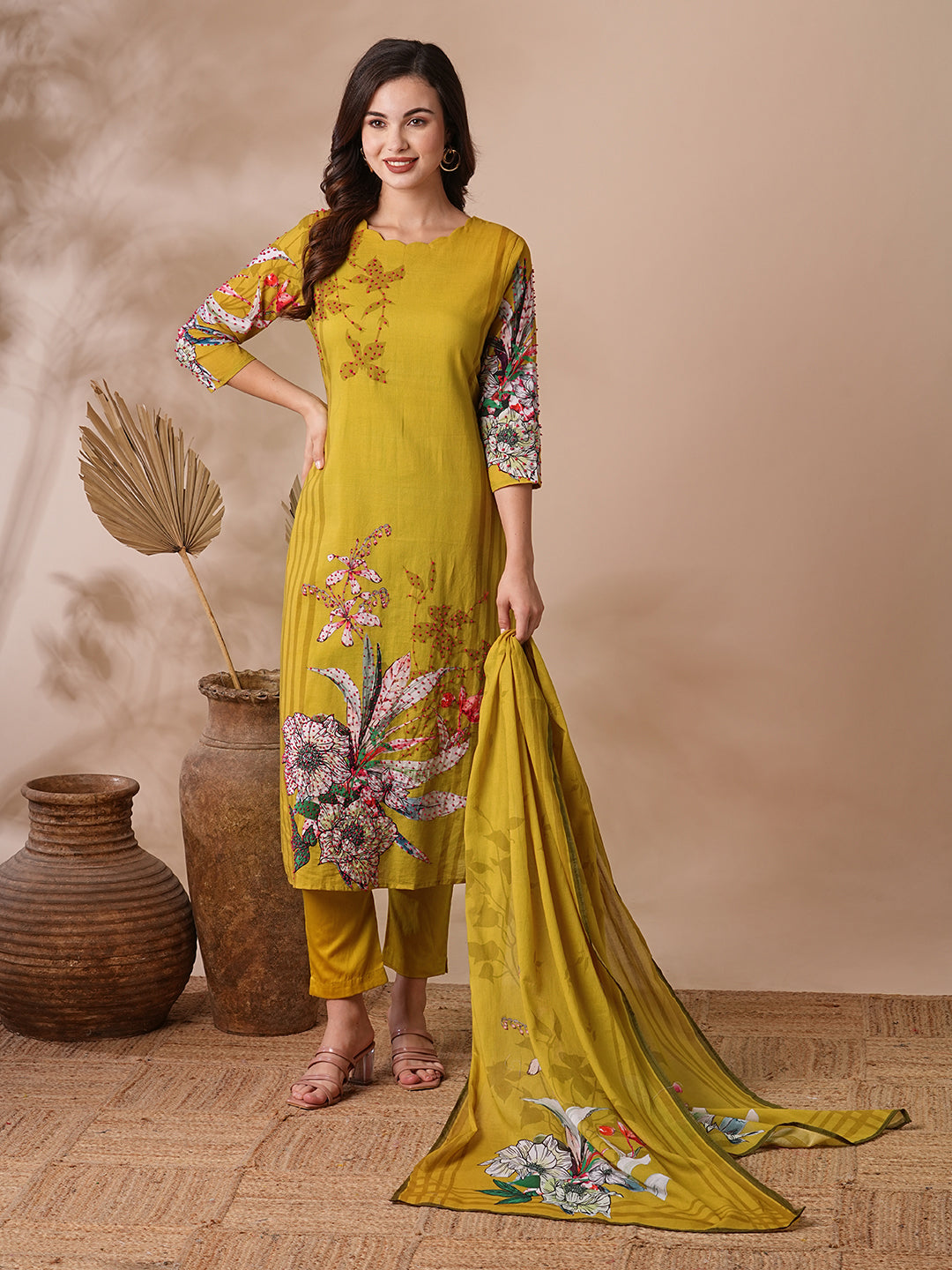 Fashor Floral Printed & Embroidered Straight Kurta with Pant & Dupatta - Lime Green
