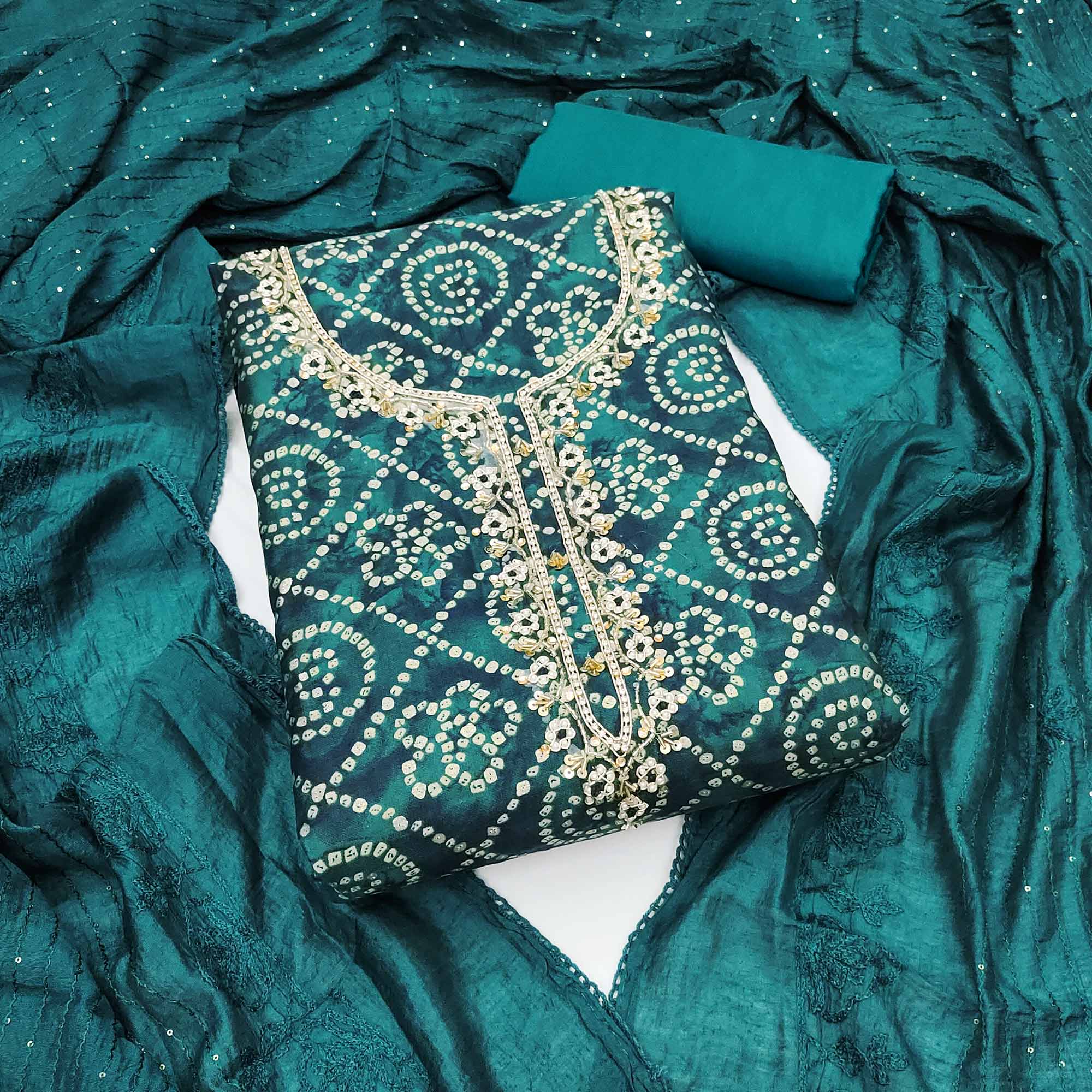Peachmode Emerald Green Bandhani Printed Cotton Silk Dress Material