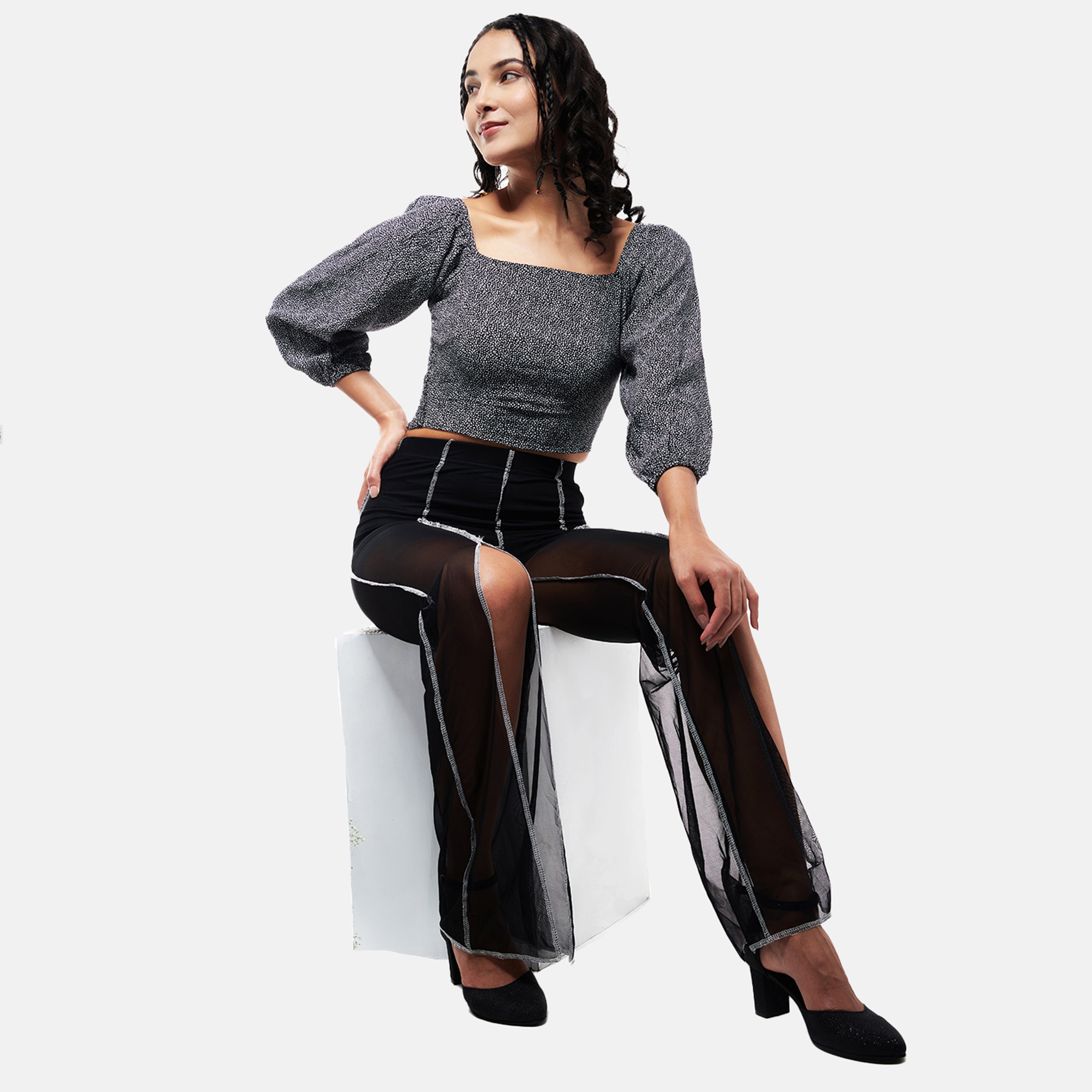 Y2K Black Smocked Peasant Top