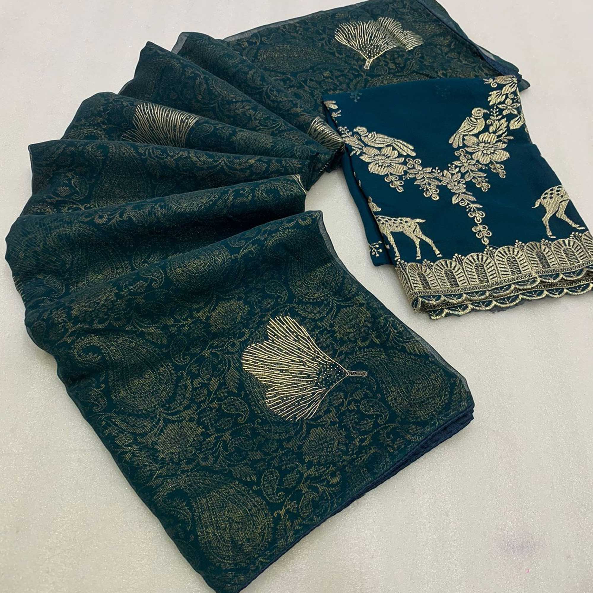 Peachmode Morpich Blue Foil Printed Georgette Saree