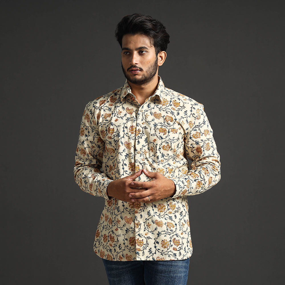 ITOKRI CASUALS Beige - Premium Pedana Kalamkari Block Printed Cotton Men Full Sleeve Shirt