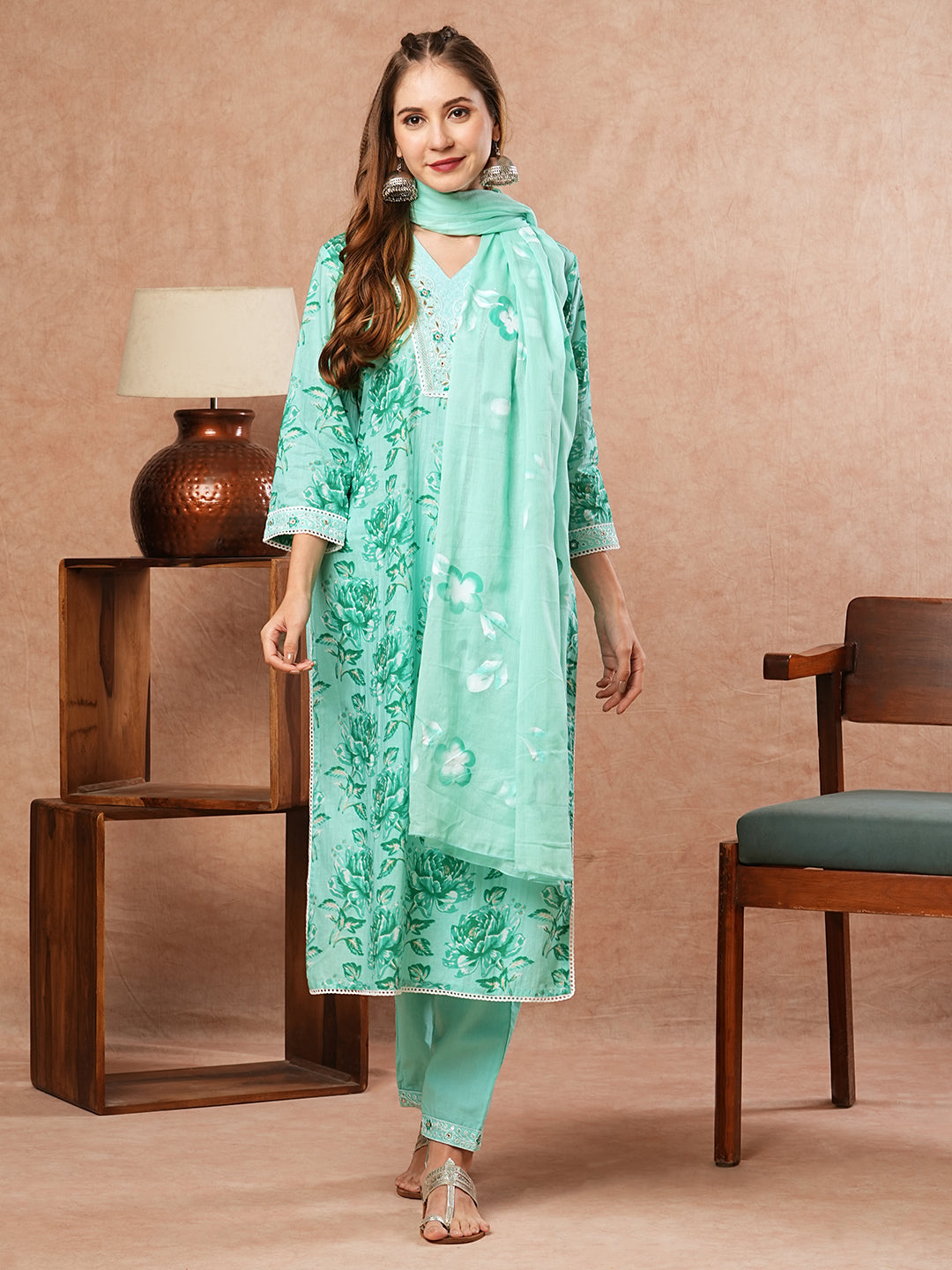 Fashor Floral Printed Zari Embroidered Kurta with Pants & Hand Painted Dupatta - Sea Green