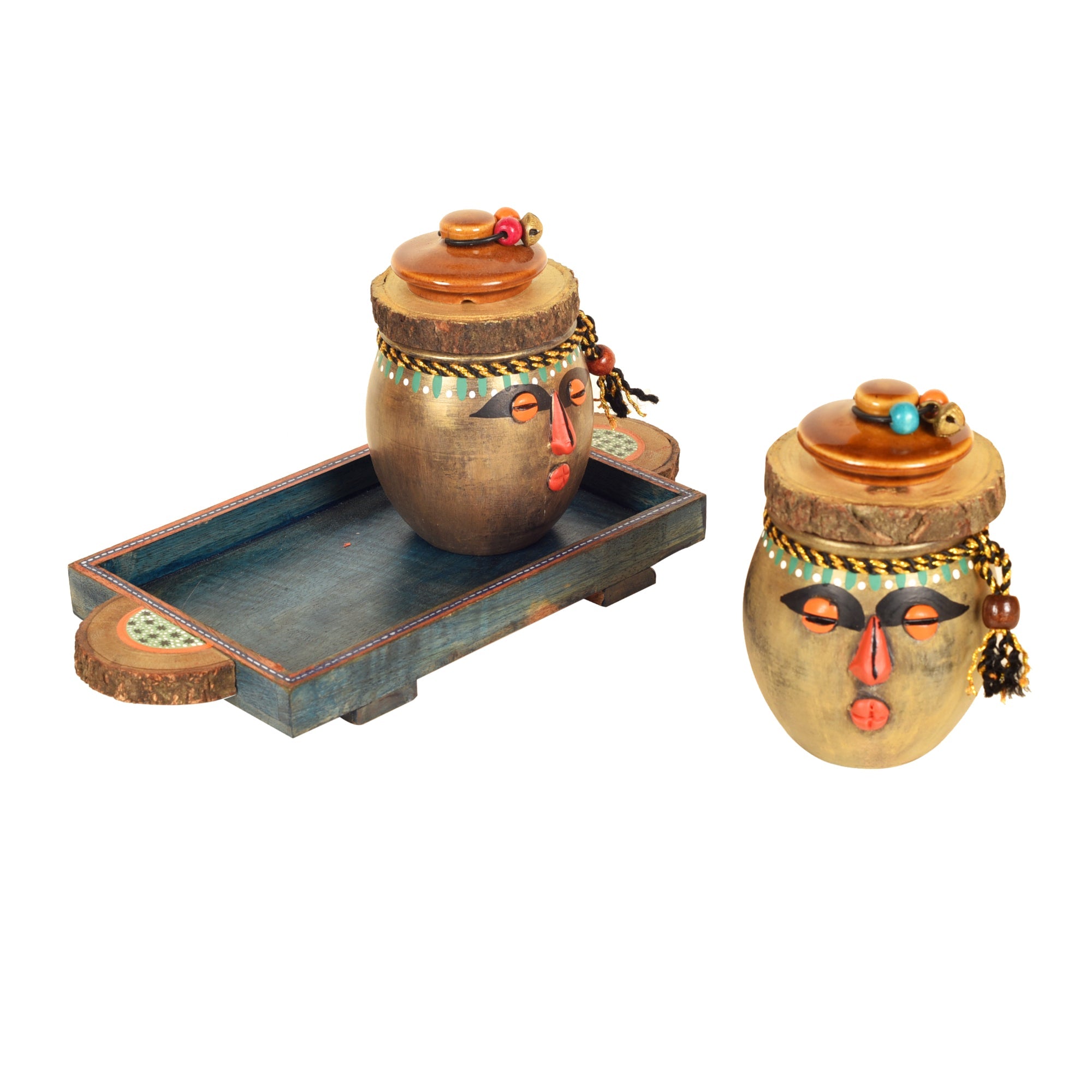 ART CREATIONS BY SUMAN SONTHALIA Brown - Happy Tribals Storage Jars and Handcrafted Tray (Set of 3) - view 3
