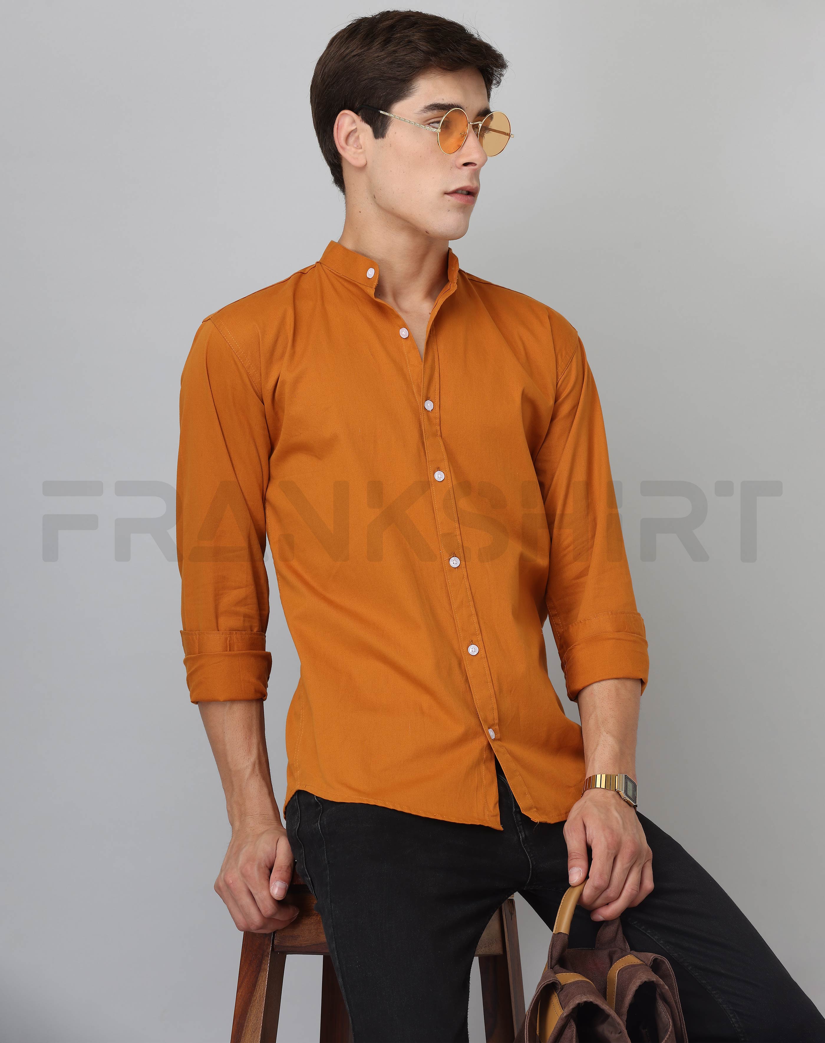 BlackTree Frankshirt Chinese Collar Mustard Tailored Fit Cotton Casual Shirt for Man - view 5