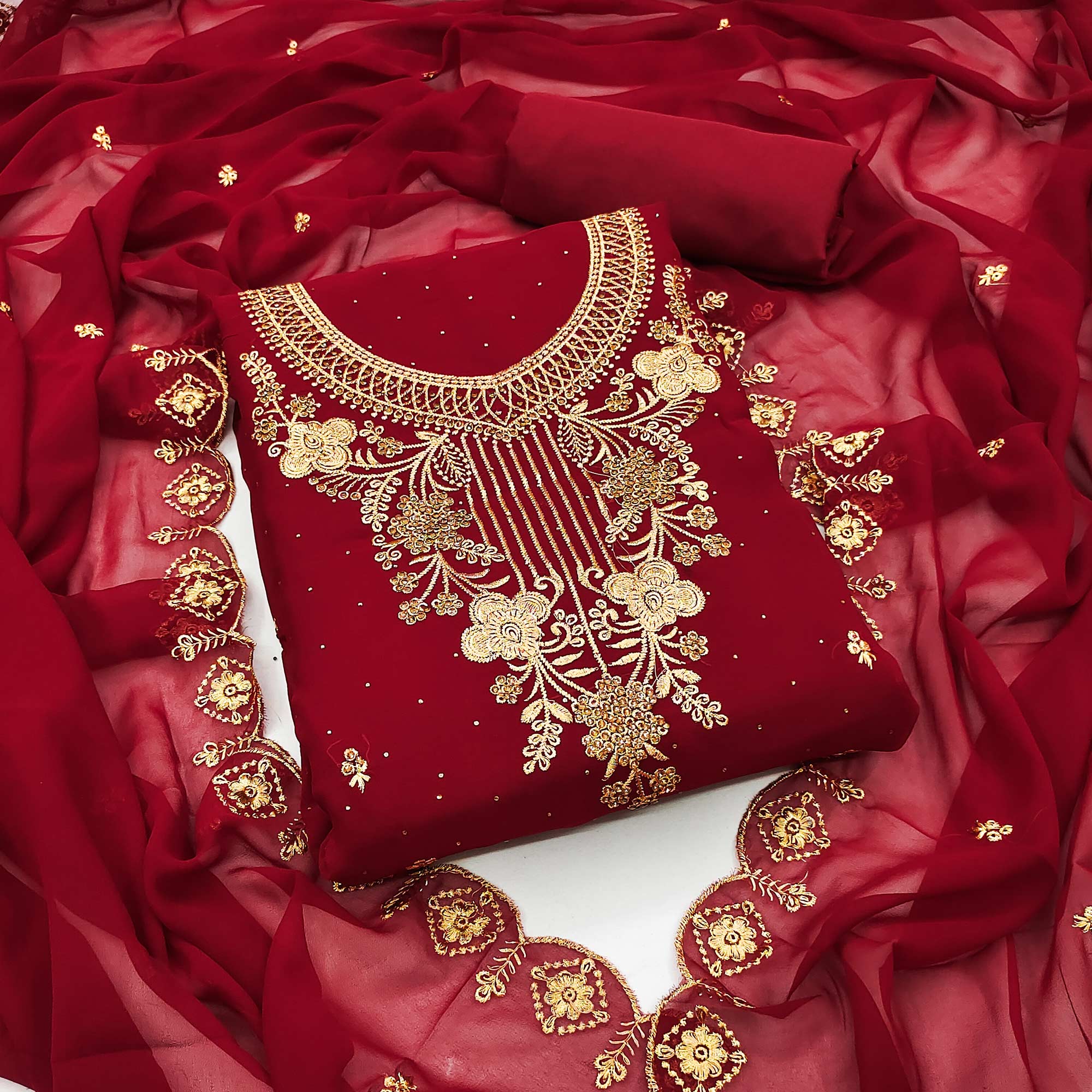 Peachmode Dark Red Floral Embroidered Georgette Dress Material