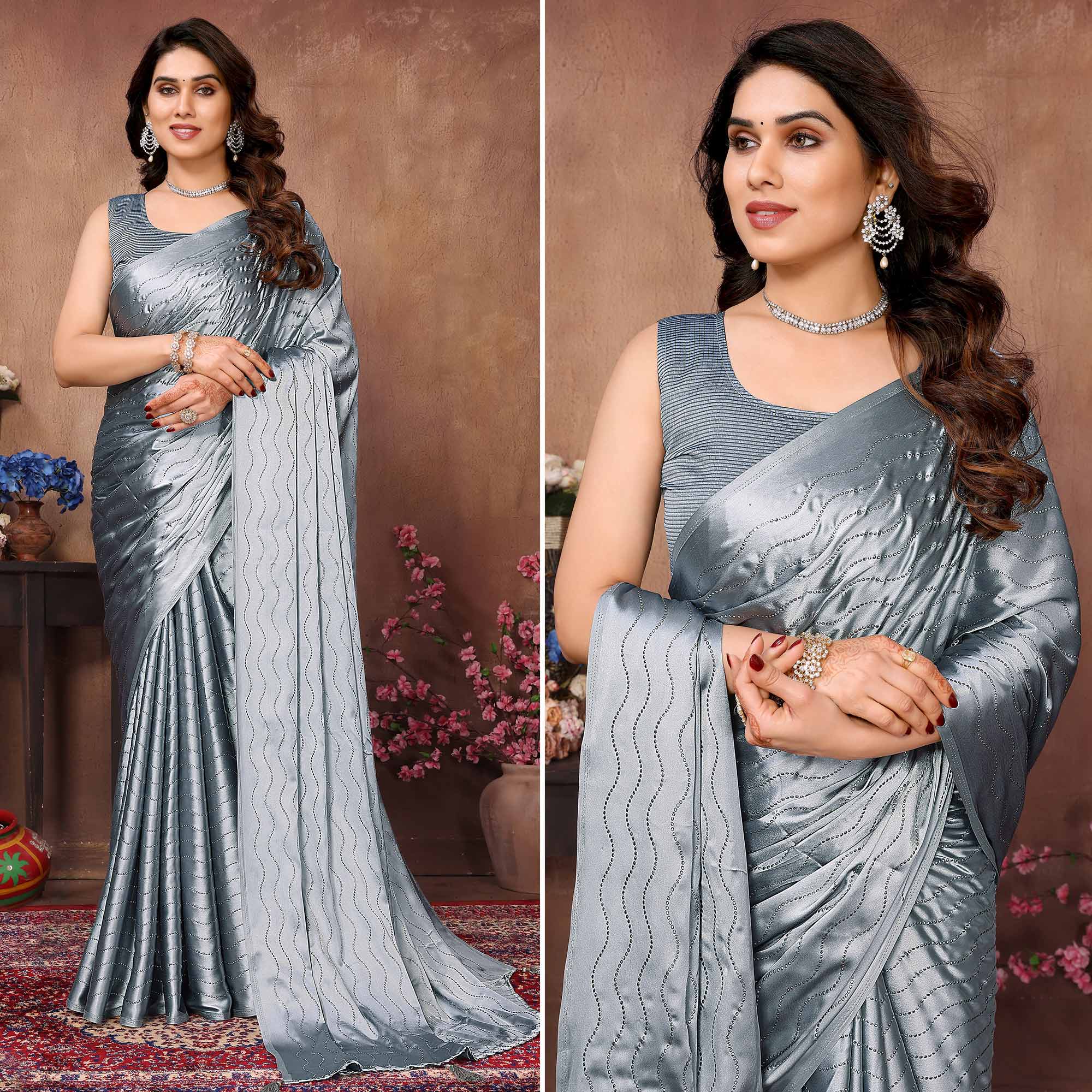 Grey sarees – BlackTree grey-mukaish-work-satin-saree-with-tassels