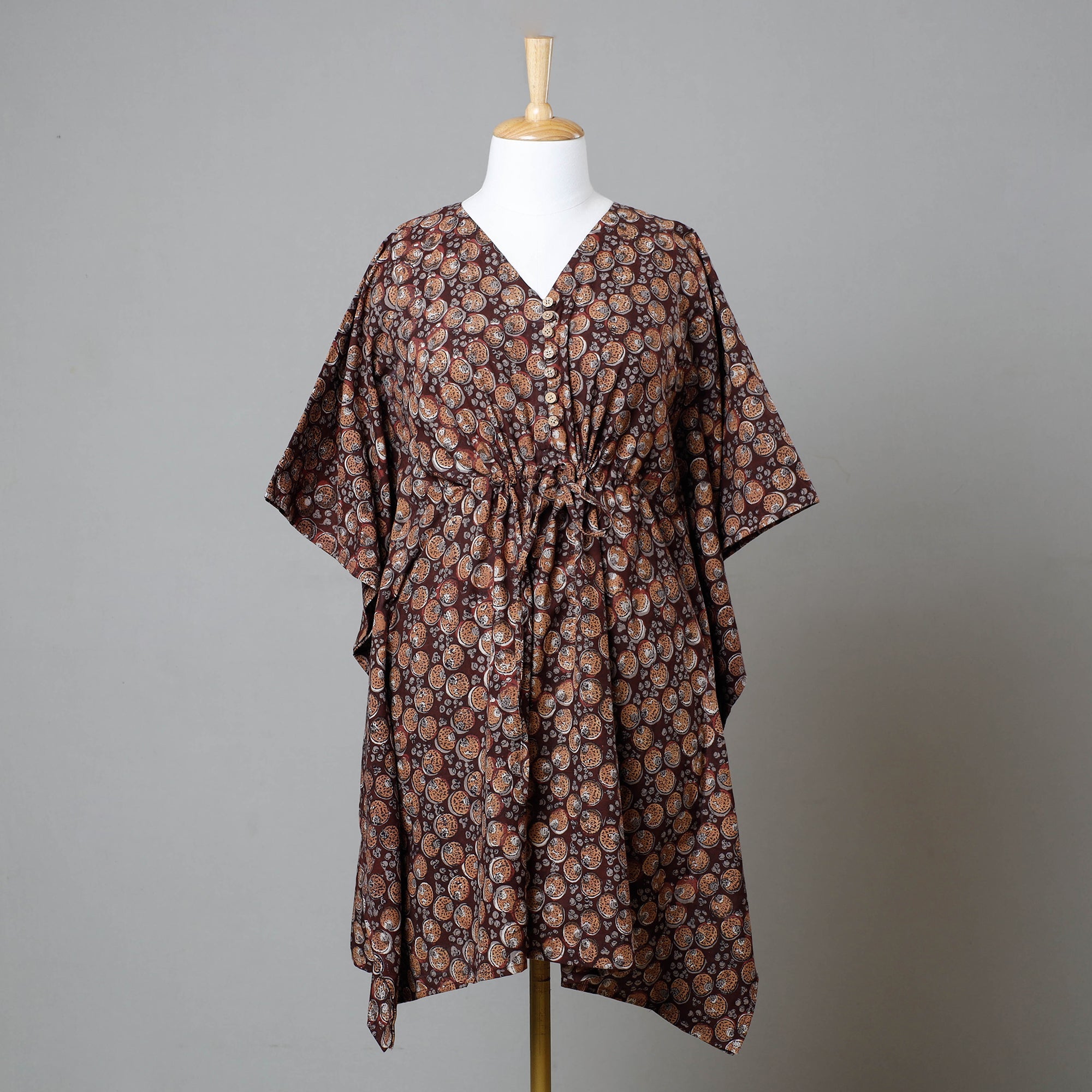 ITOKRI CASUALS Brown - Bagru Block Printed Cotton Kaftan with Tie-Up Waist (Medium)