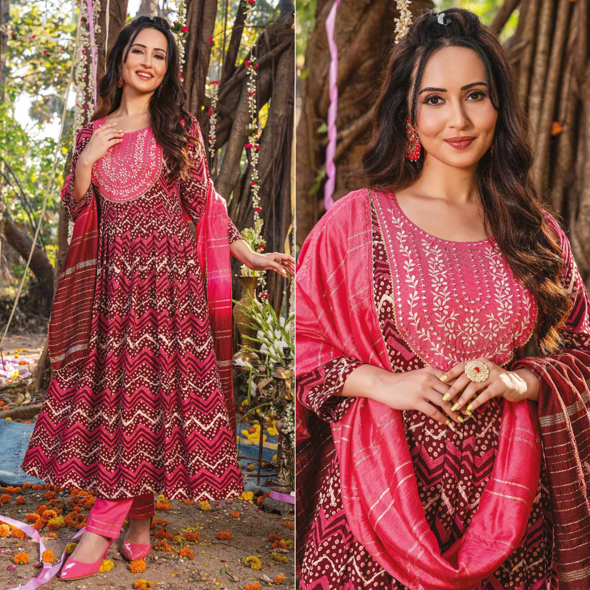 Peachmode Seller Maroon Pink Printed Rayon Naira Cut Suit