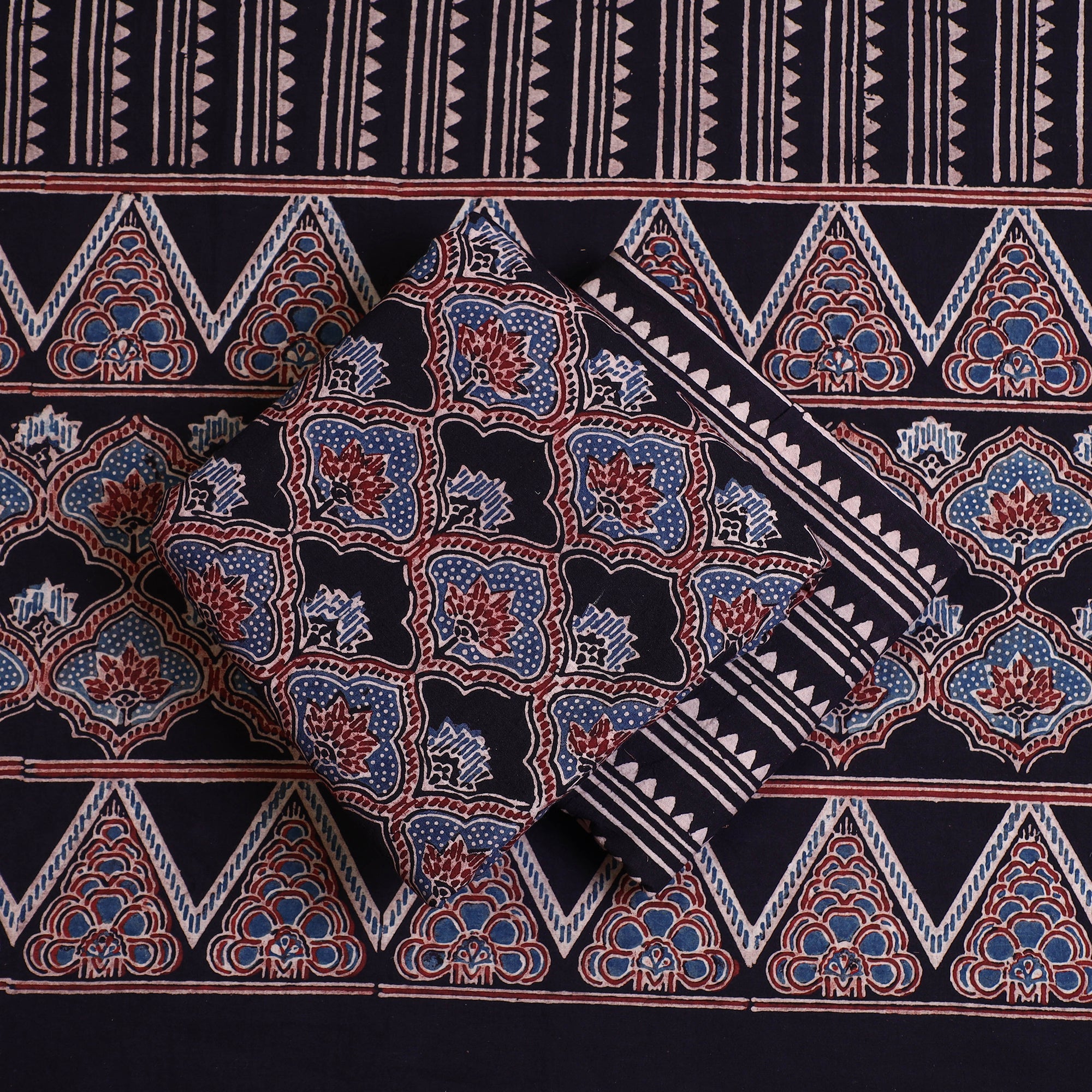 KACHCHH JI CHHAAP Black - 3pc Ajrakh Hand Block Printed Cotton Suit Material Set - view 2