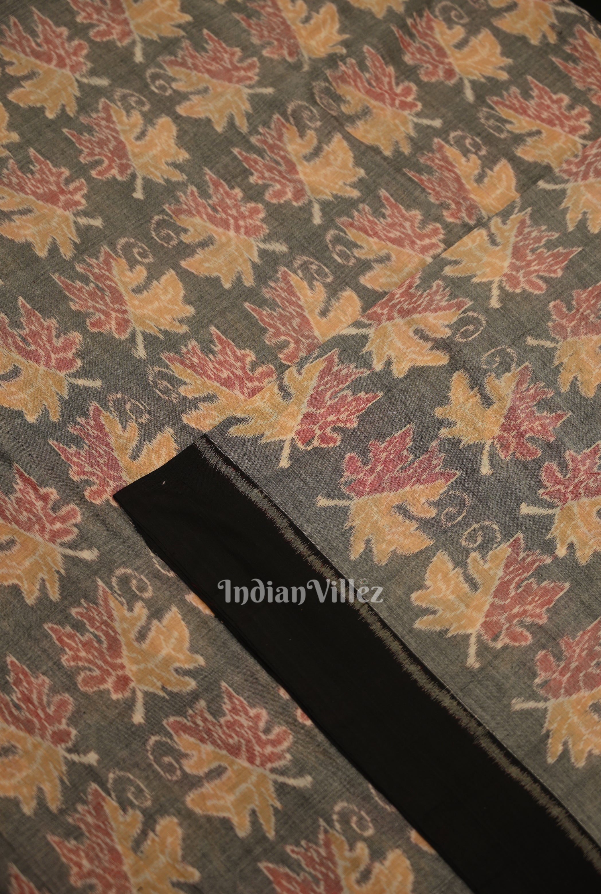 IndianVillèz Ash Gray Autumn Leaves Sambalpuri Odisha Ikat Cotton Fabric - view 2