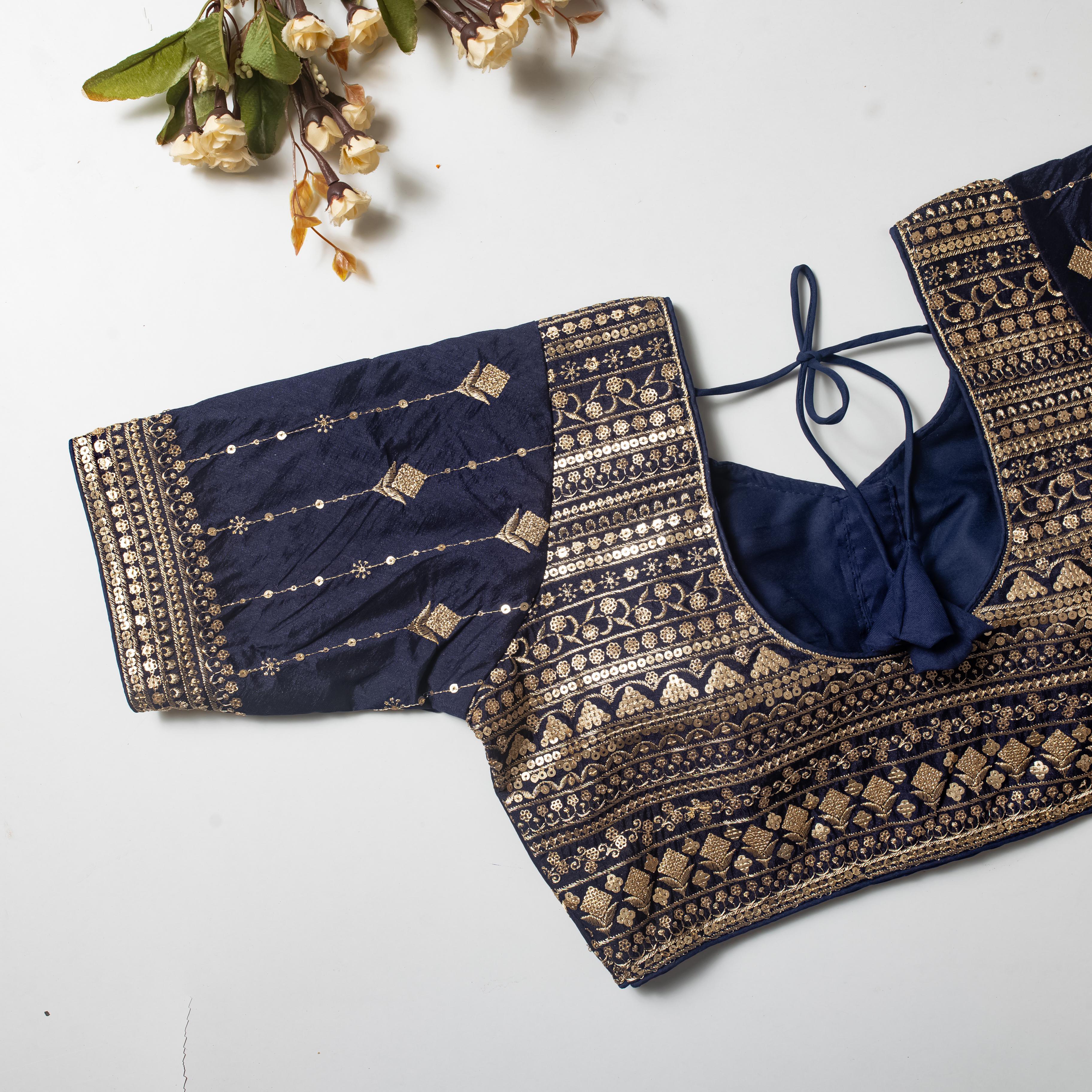 ClothsVilla Navy Blue Golden Embroidered Vibrant Silk Blouse with Sequins - view 2