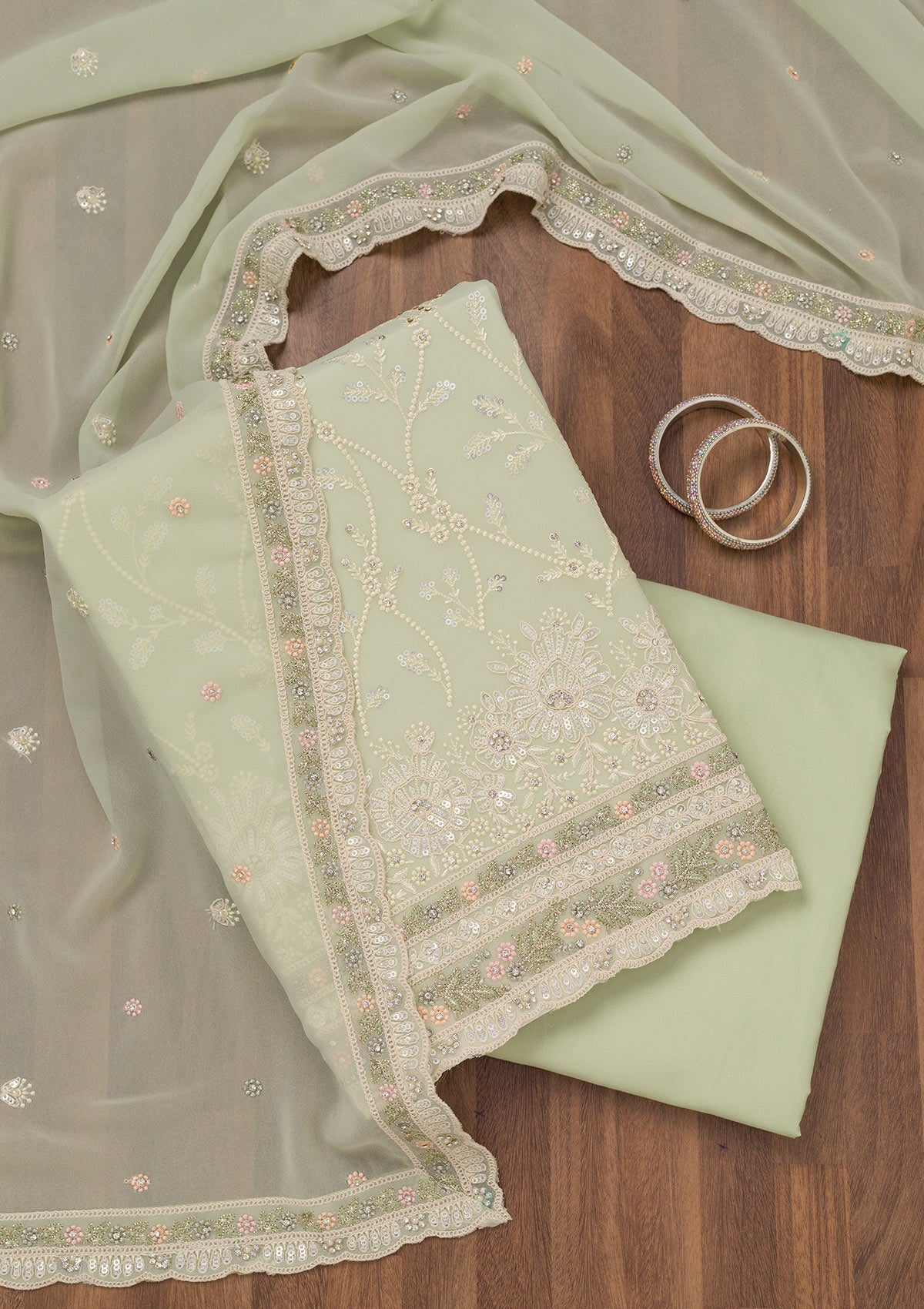 Koskii Pista Green Sequins Georgette Unstitched Salwar Suit