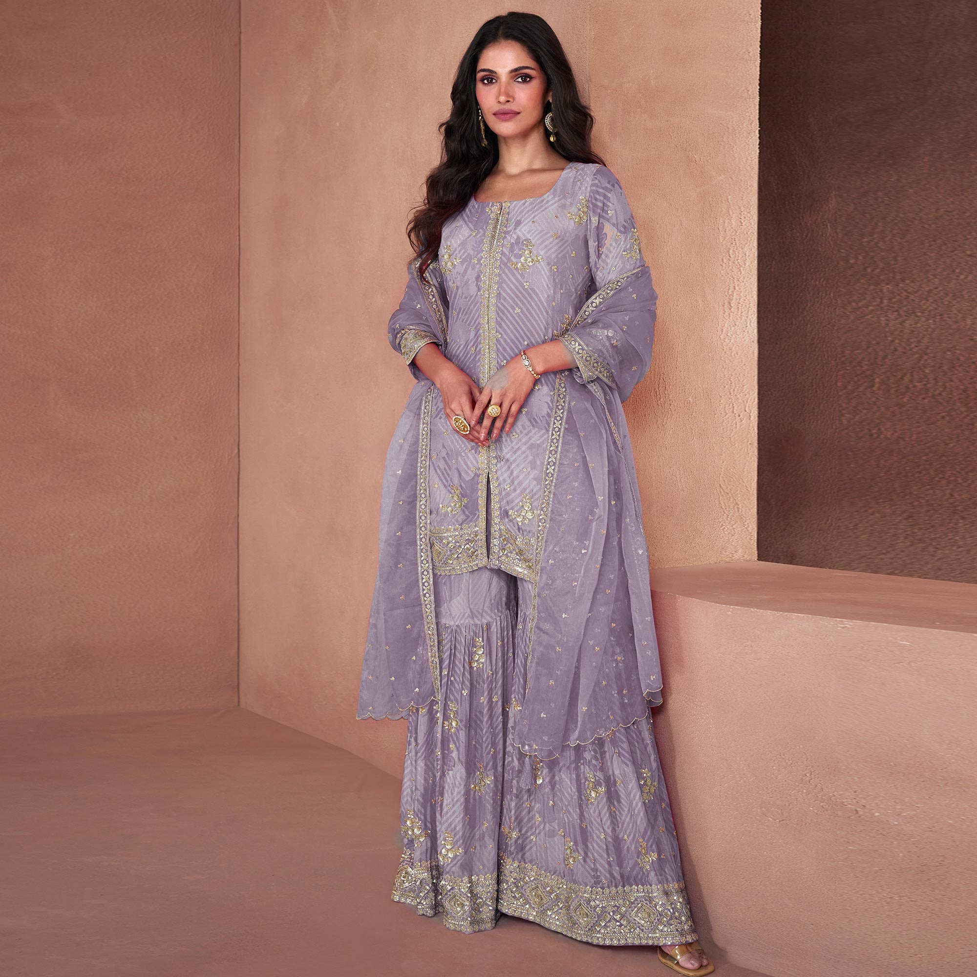 Peachmode Seller Mauve Sequins Embroidered Georgette Sharara Suit