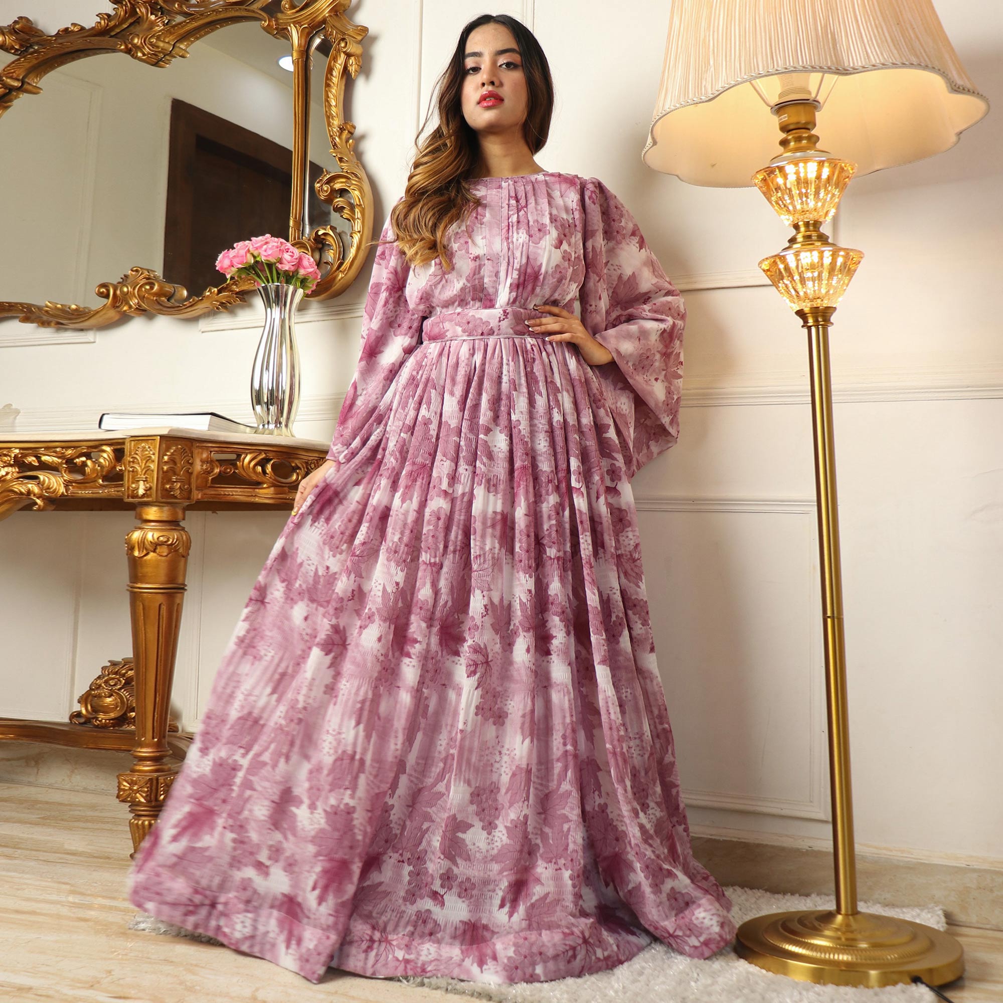 Peachmode Seller Mauve Floral Printed Georgette Gown - view 2