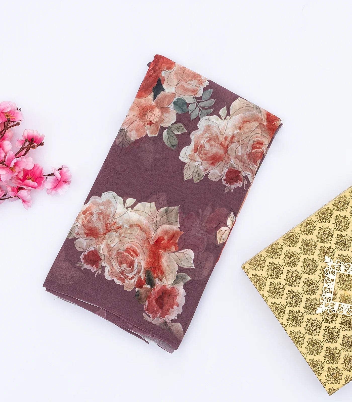 RmKV Lilac Georgette Silk Saree Printed With Floral Motifs