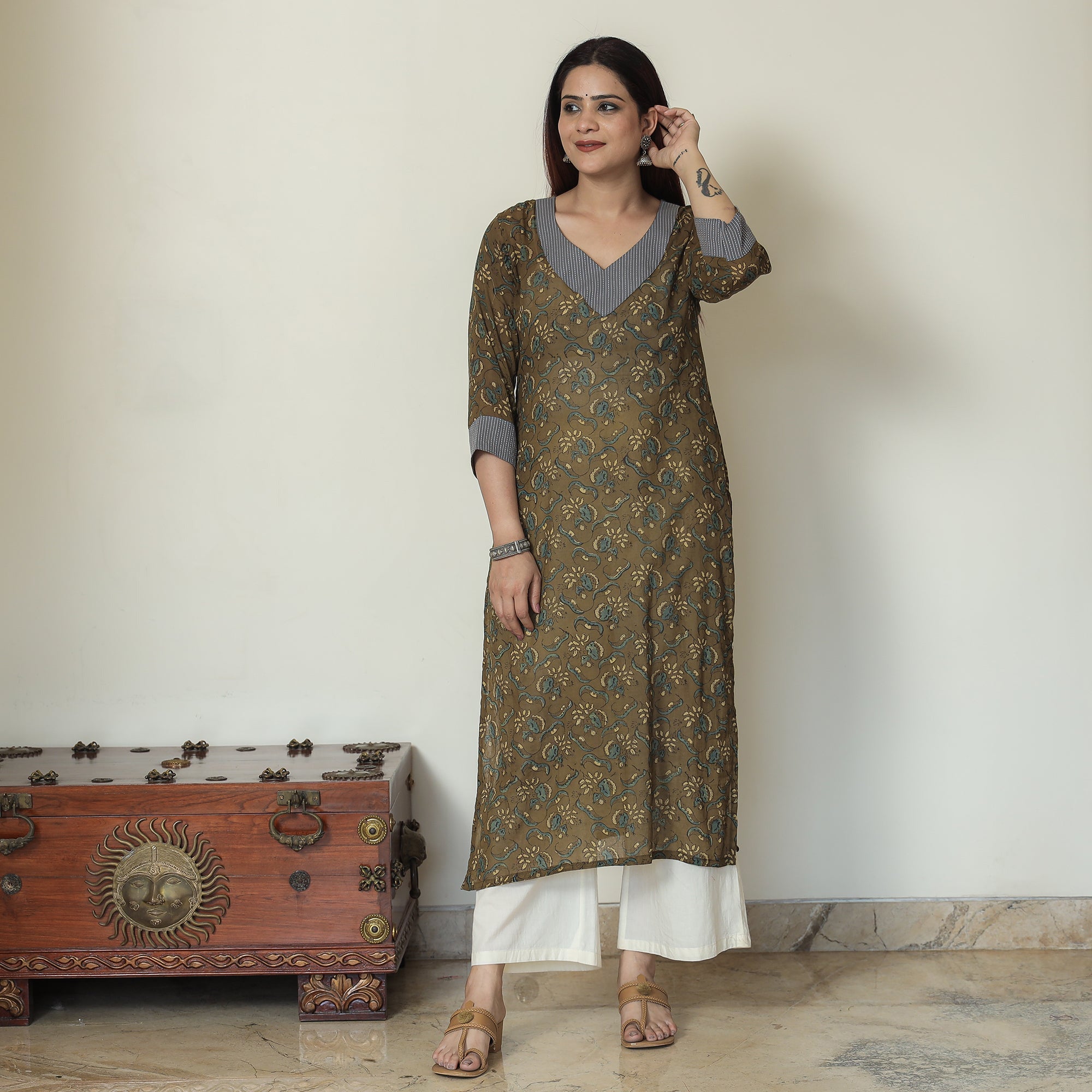 ITOKRI CASUALS Brown - Mehndi Green - Ajrakh Block Printed Mul Cotton Straight Kurta 11