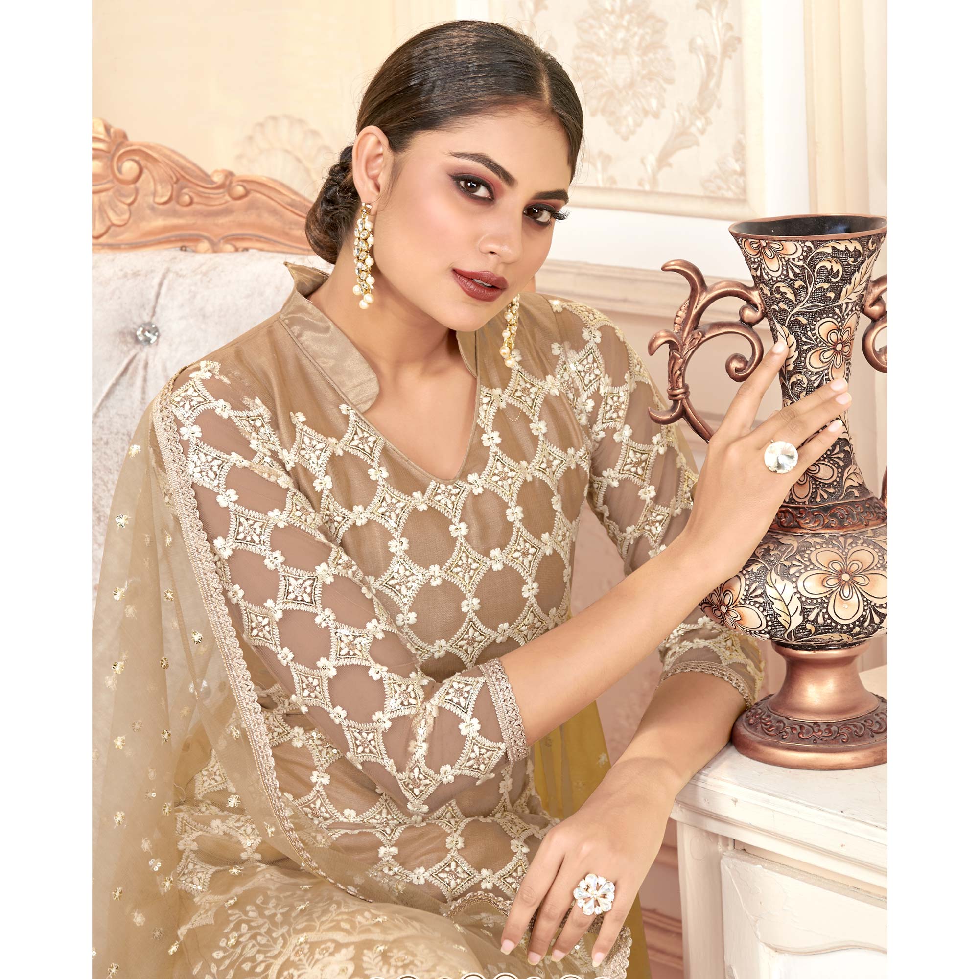 Peachmode Brown Sequins Embroidered Net Semi Stitched Suit - view 6