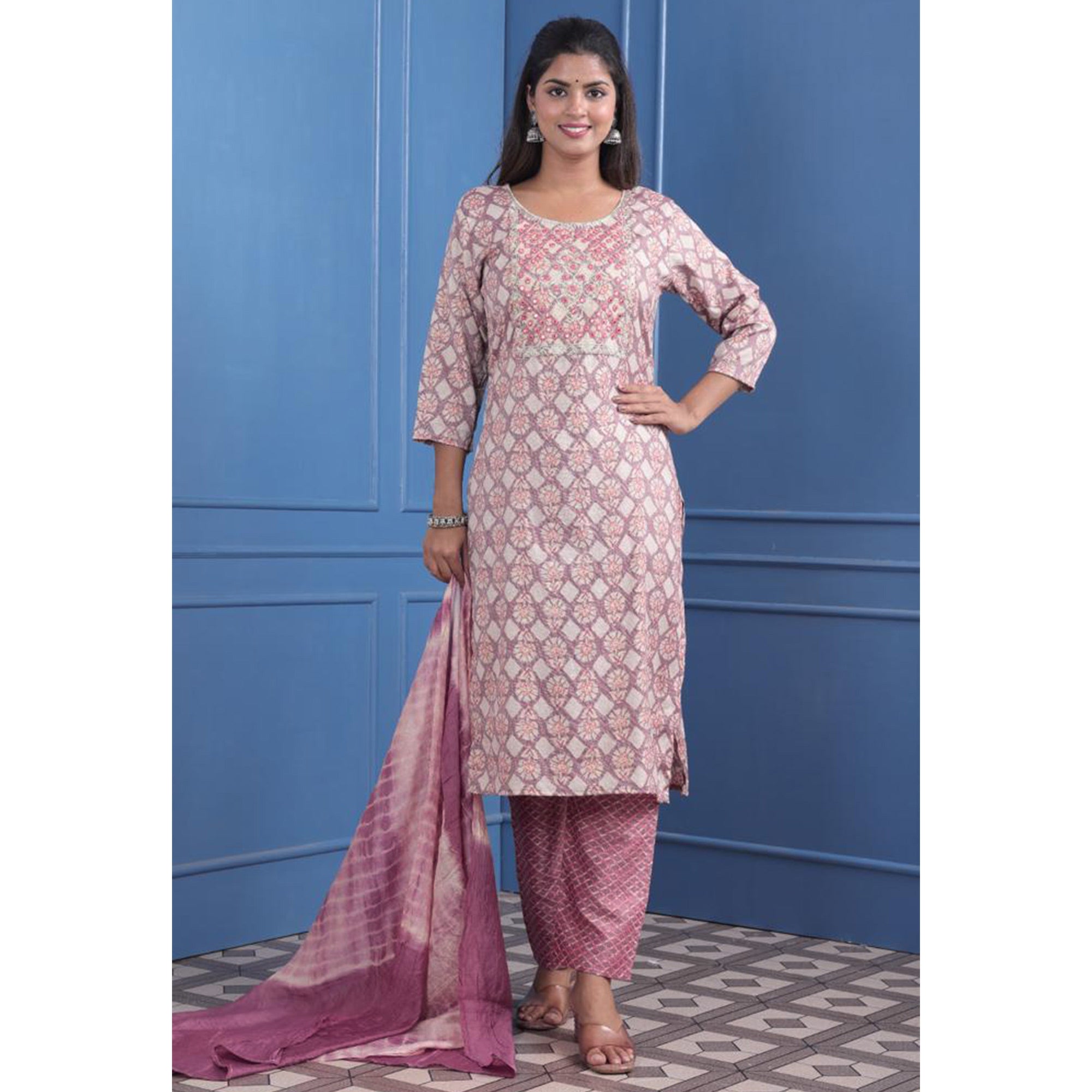 Peachmode Seller Mauve Floral Printed With Embroidered Rayon Suit - view 5