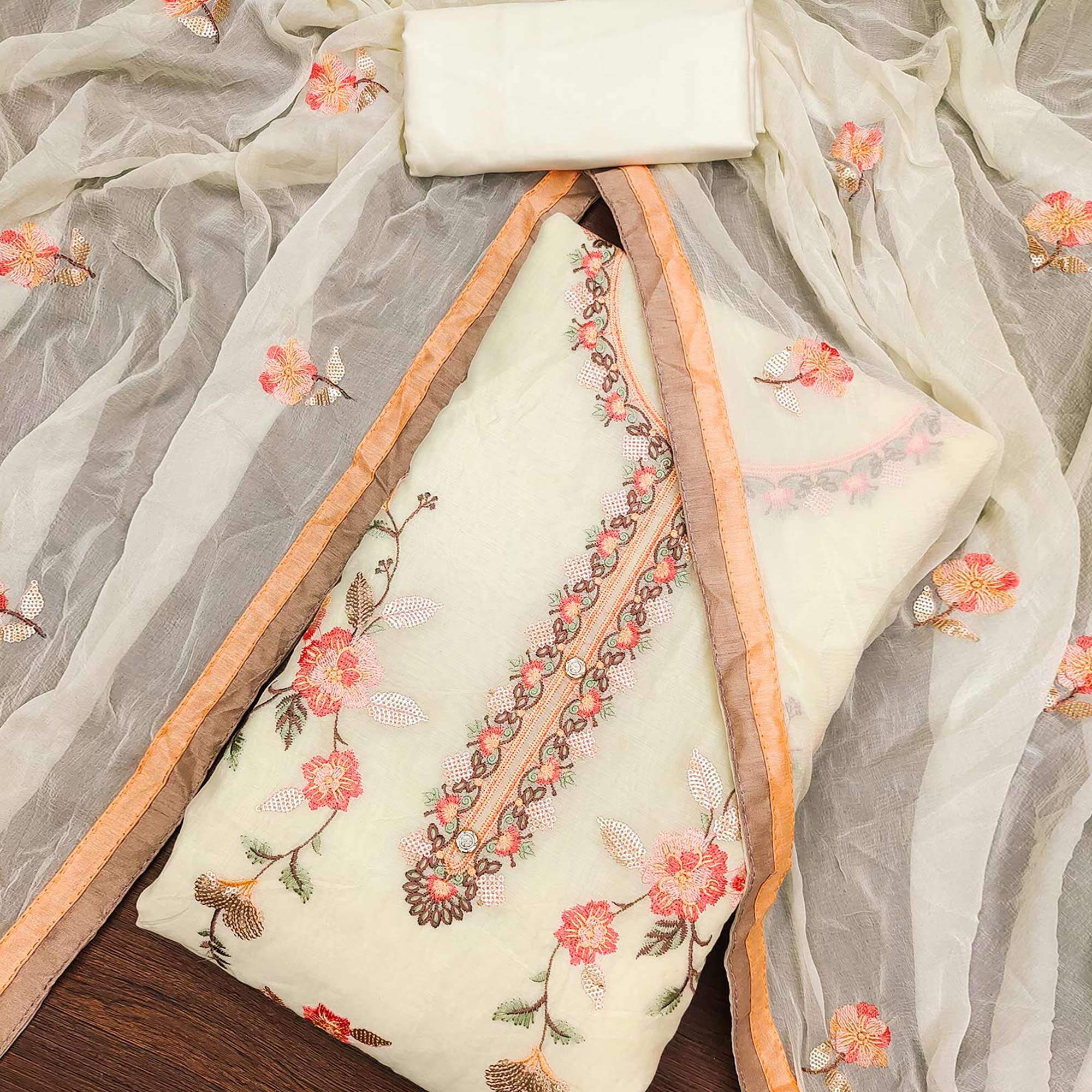 Peachmode Cream Floral Embroidered Chanderi Dress Material