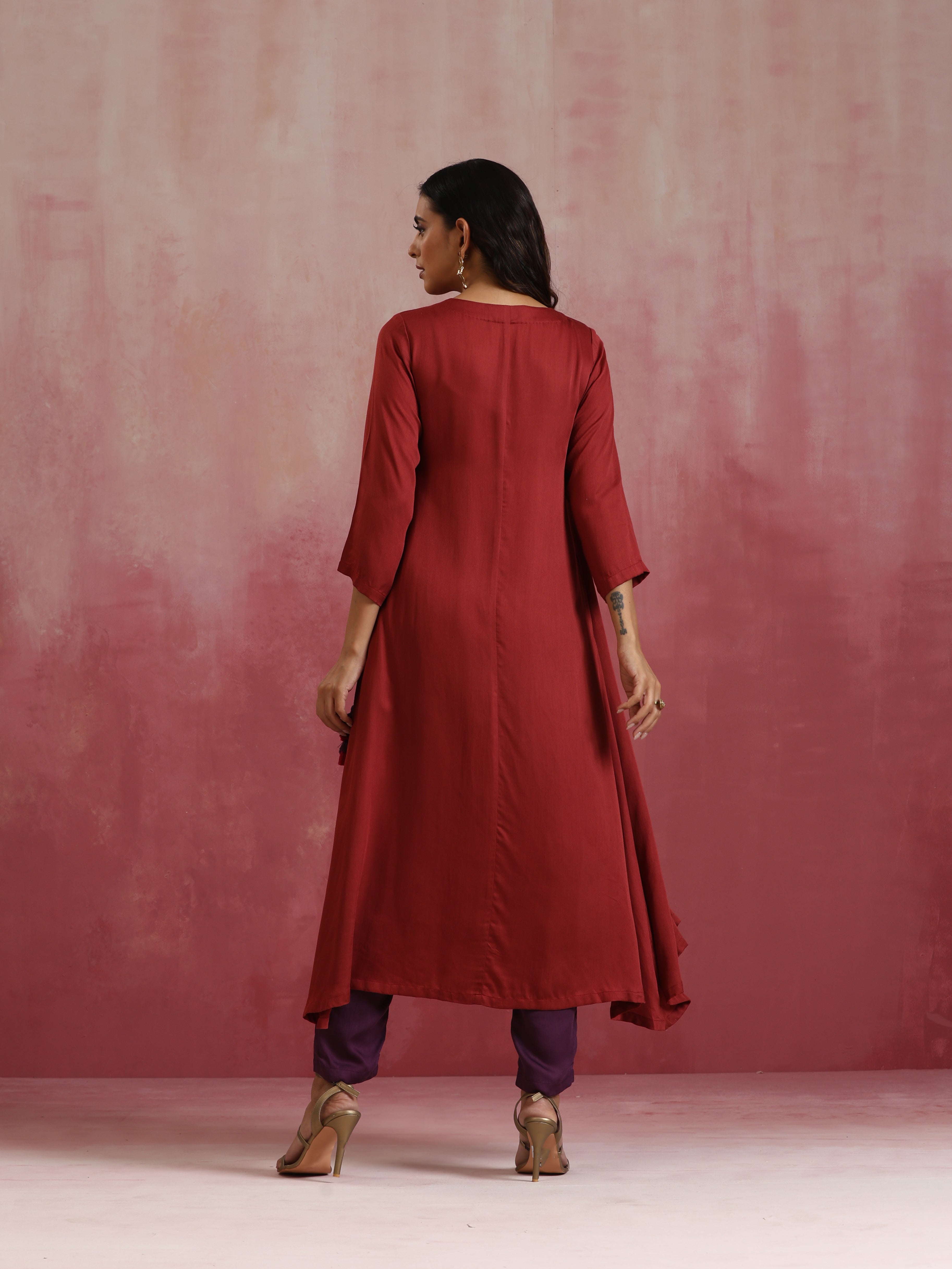 trueBrowns Maroon Modal Angrakha Kurta Set - view 6