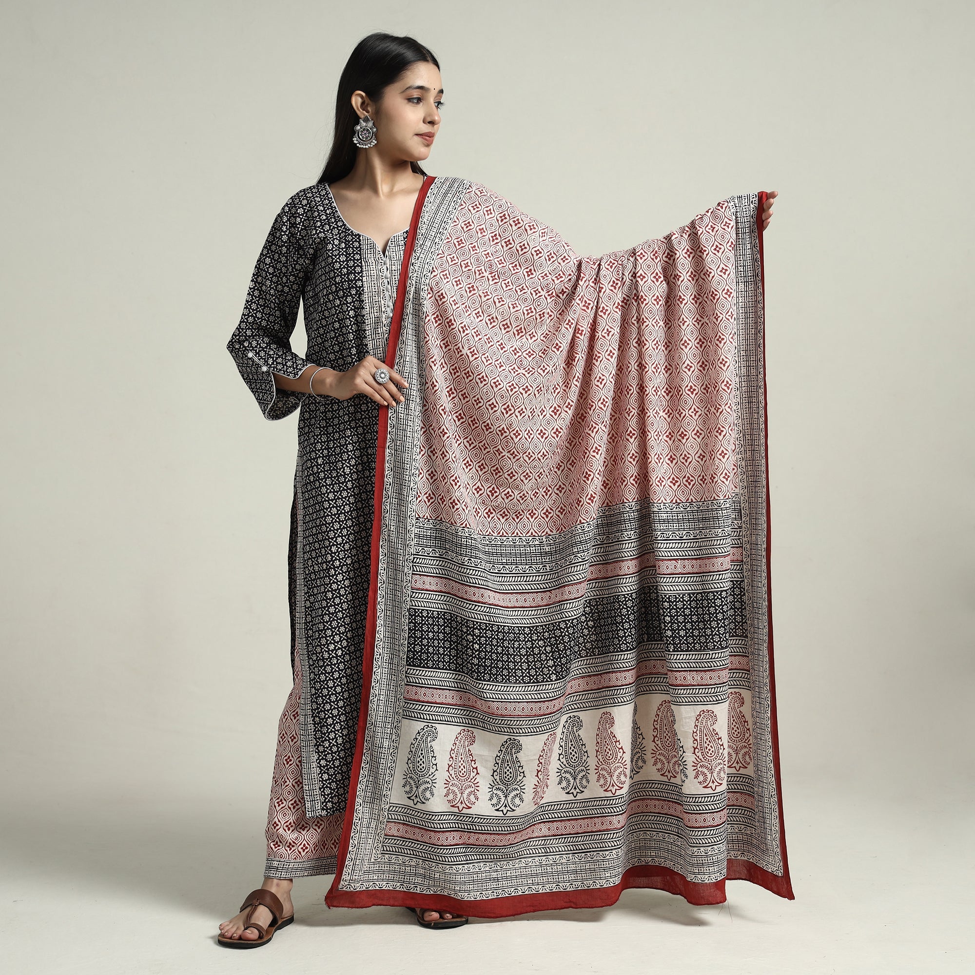 ITOKRI CASUALS Black - Bagh Block Printed Cotton Kurta with Palazzo & Dupatta Set 09