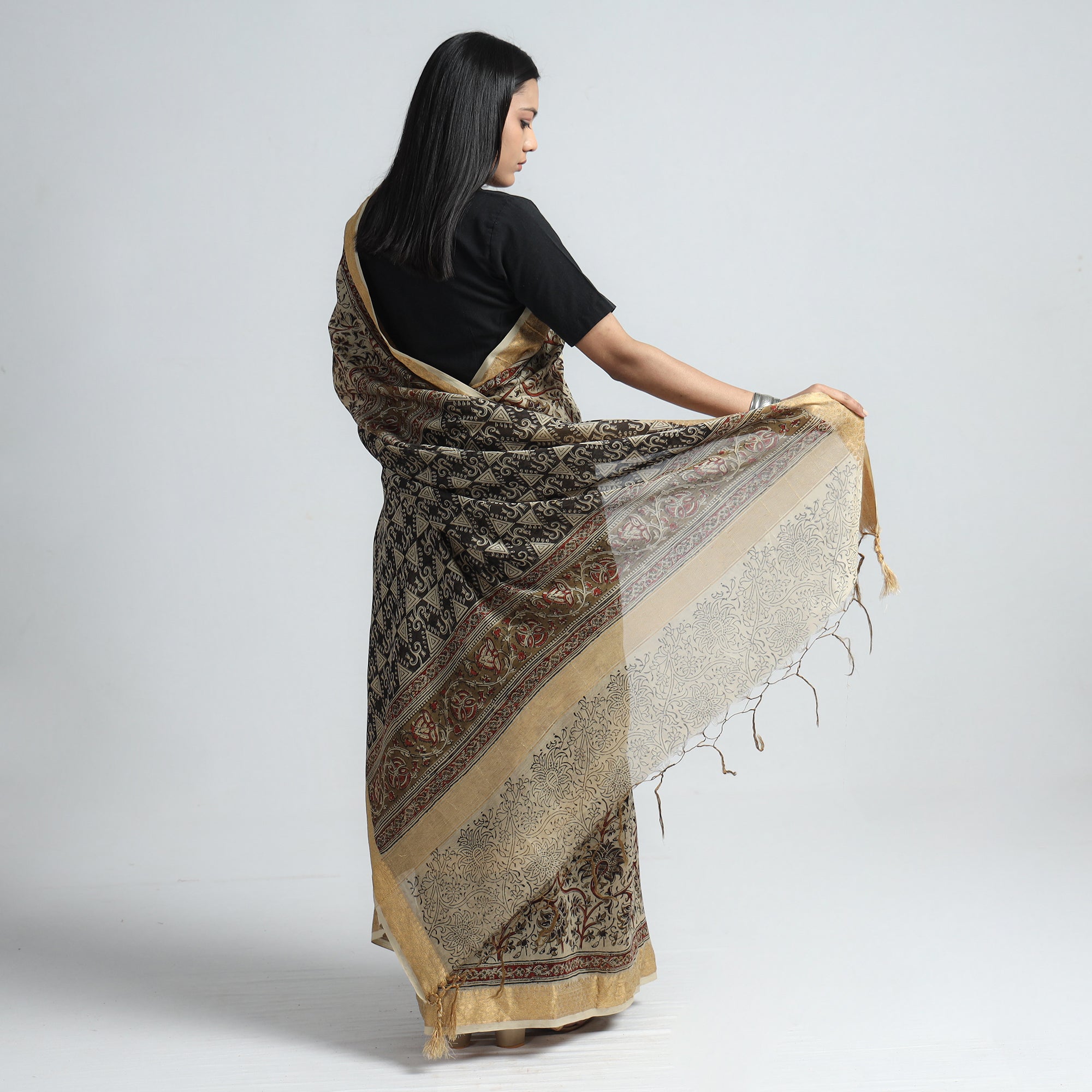 VENKATA BHANU KALAMKARI PEDANA Beige - Original Pedana Kalamkari Block Print Silk Saree - view 6
