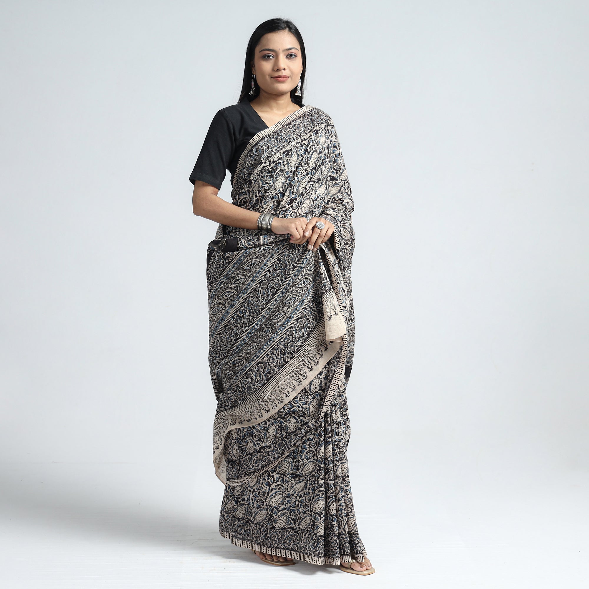 VENKATA BHANU KALAMKARI PEDANA Black - Pedana Block Print Cotton Kalamkari Saree