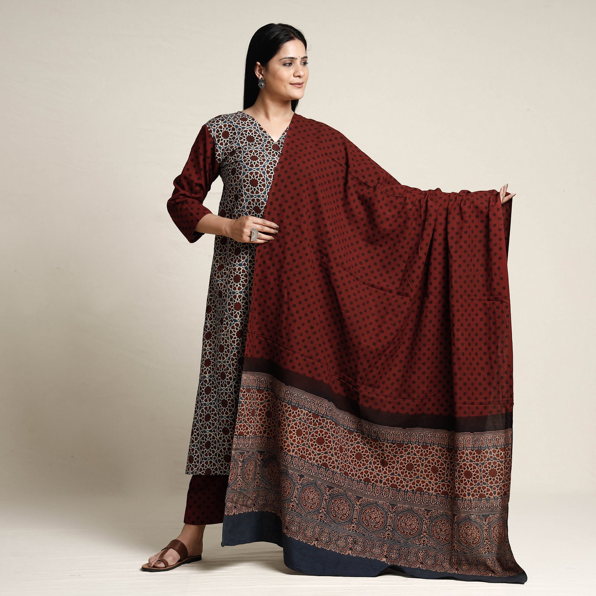 ITOKRI CASUALS Black - Ajrakh Block Printed Cotton Kurta with Palazzo & Dupatta Set