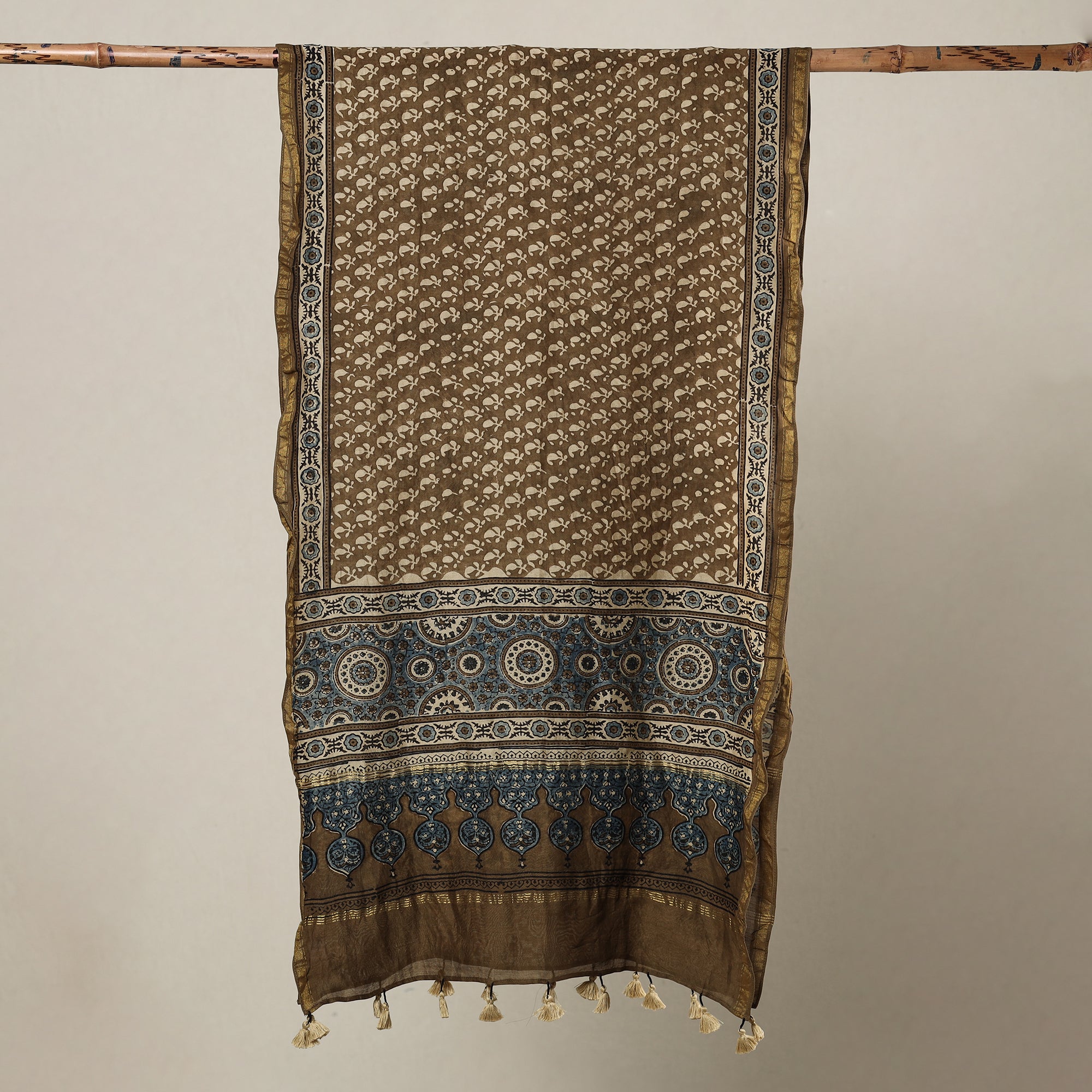 AJRAKH BY SUFIYAN ISMAIL KHATRI Brown - Ajrakh Hand Block Printed Chanderi Silk Handloom Stole with Tassels - view 2