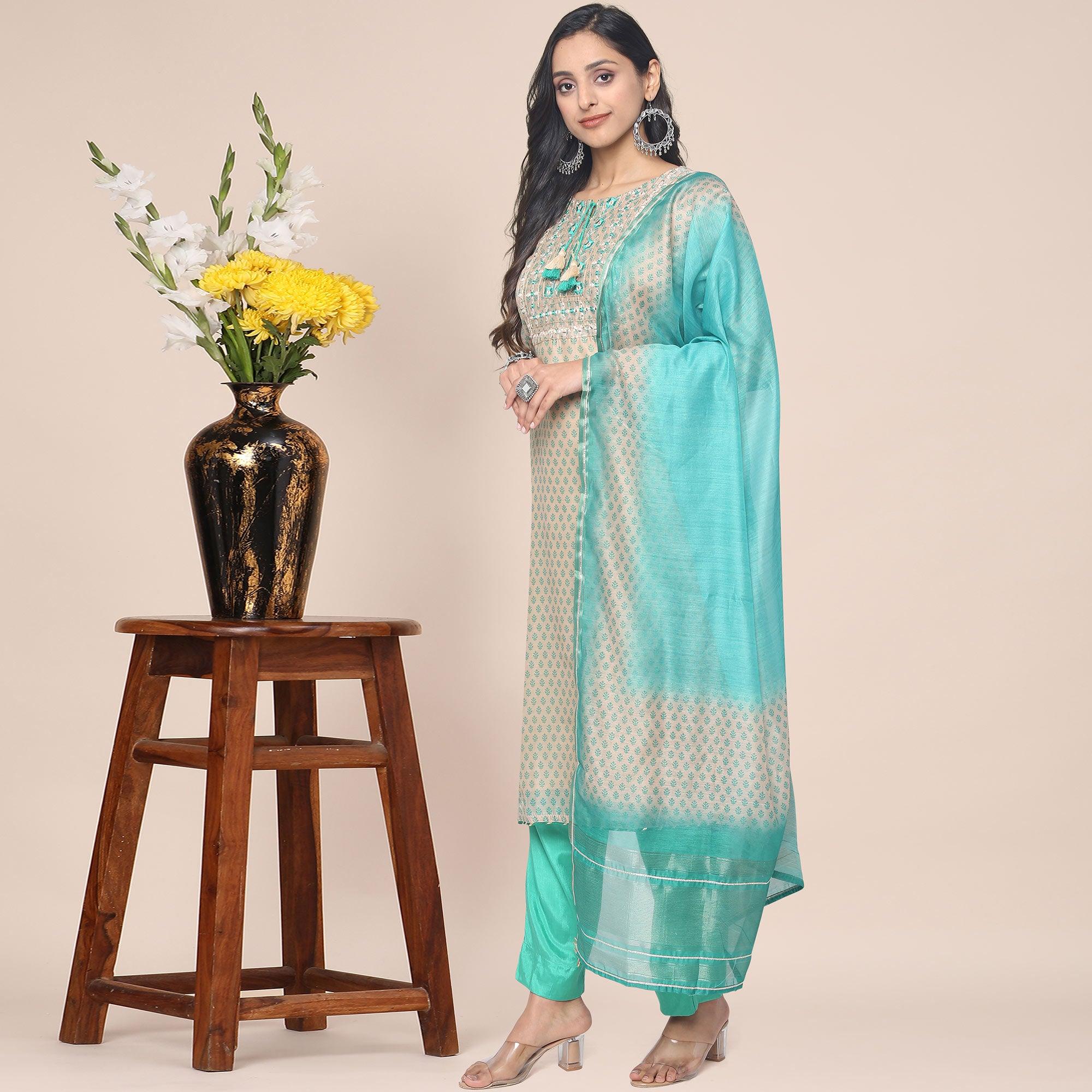 Peachmode Cream Patywear Embroidered Muslin Kurti Pant Set With Dupatta - view 2