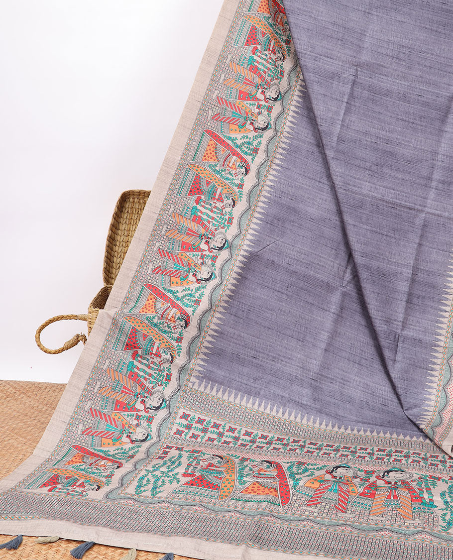 Pothys Lavender semi-banaras tussar saree with contrast wedding design border & floral , wedding design pallu