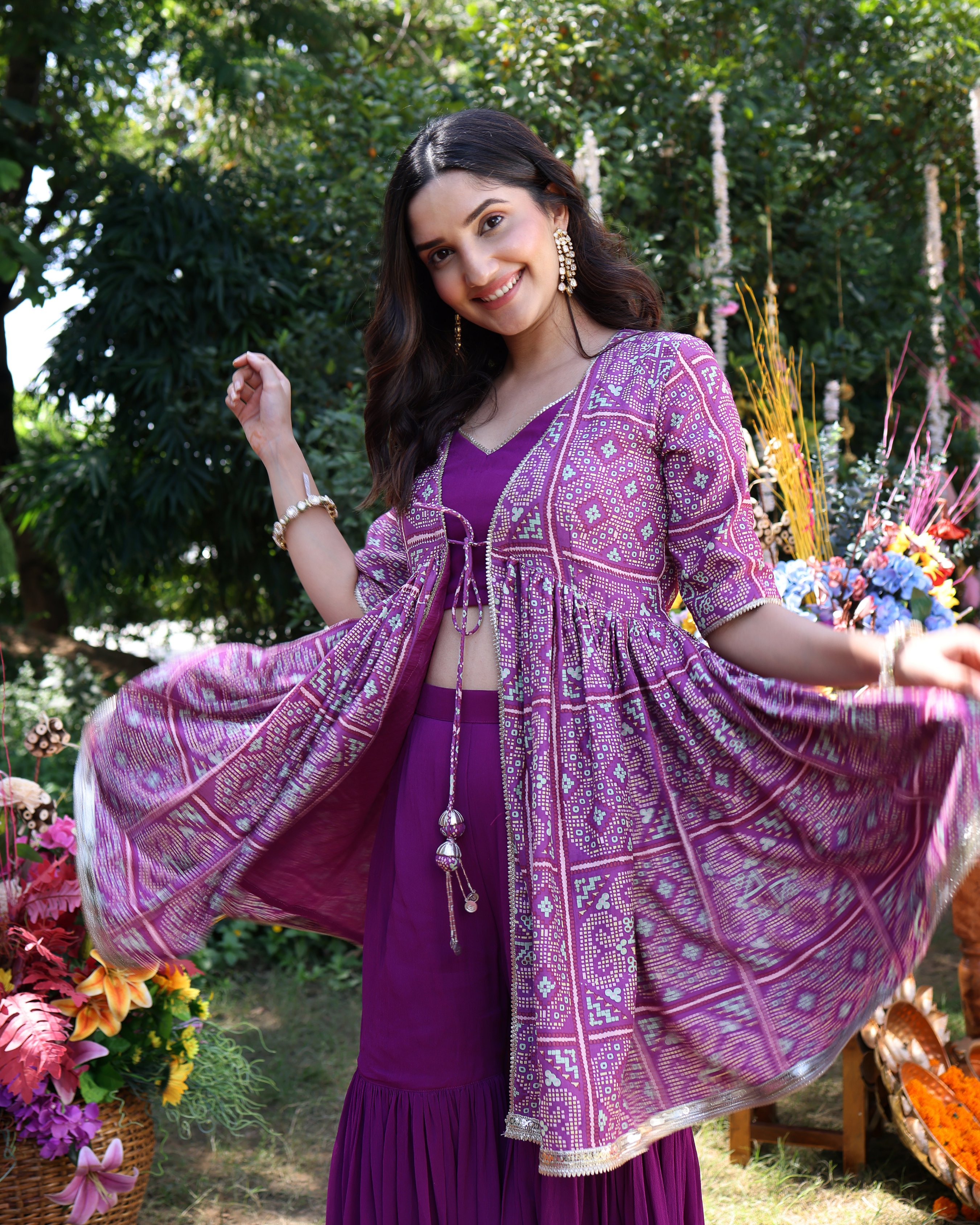 Aachho Geometric Purple Elegance Printed Satin Sharara Set - view 6