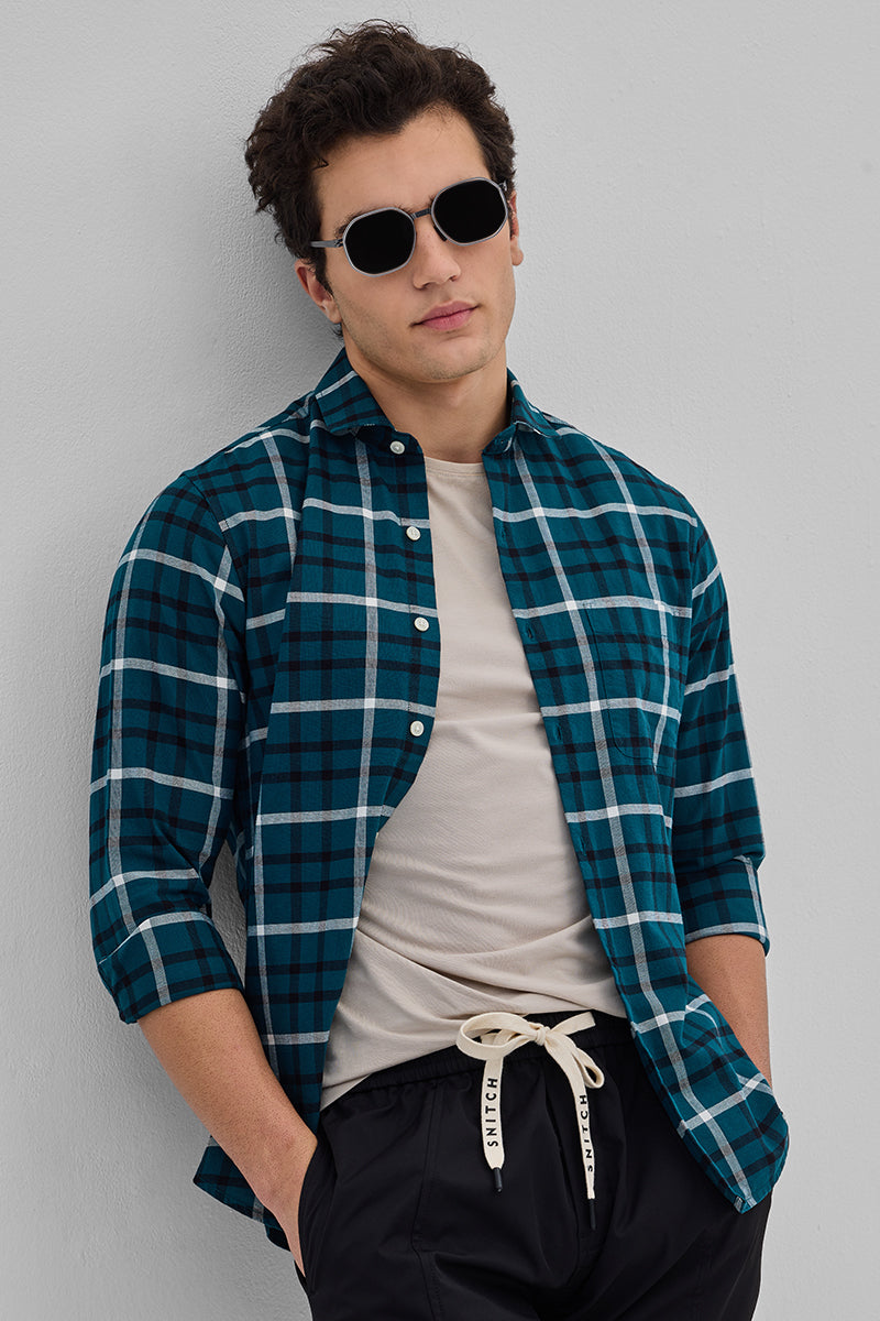 SNITCH Teal Slim Fit Checks Shirt