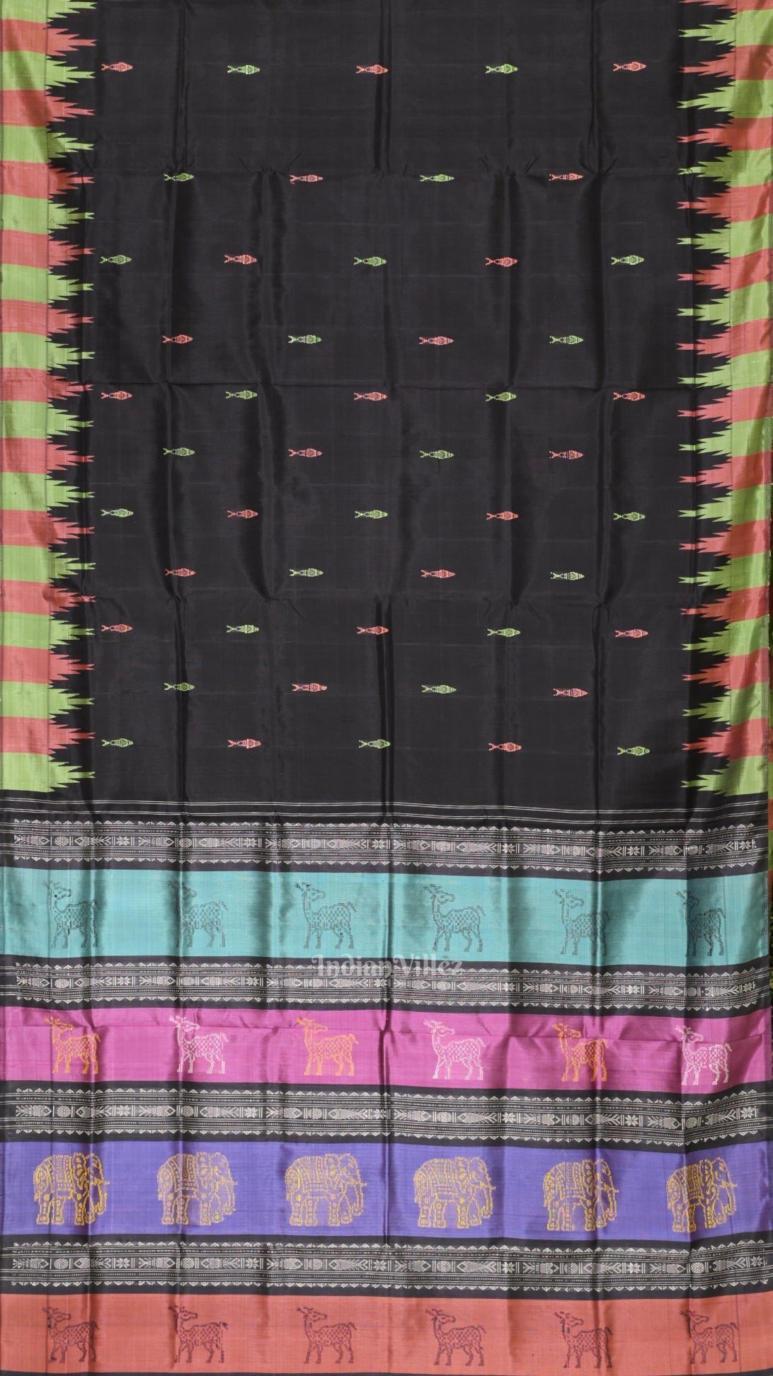 IndianVillèz Black with Fish Motif Double Pallu Berhampuri Silk Saree - view 2