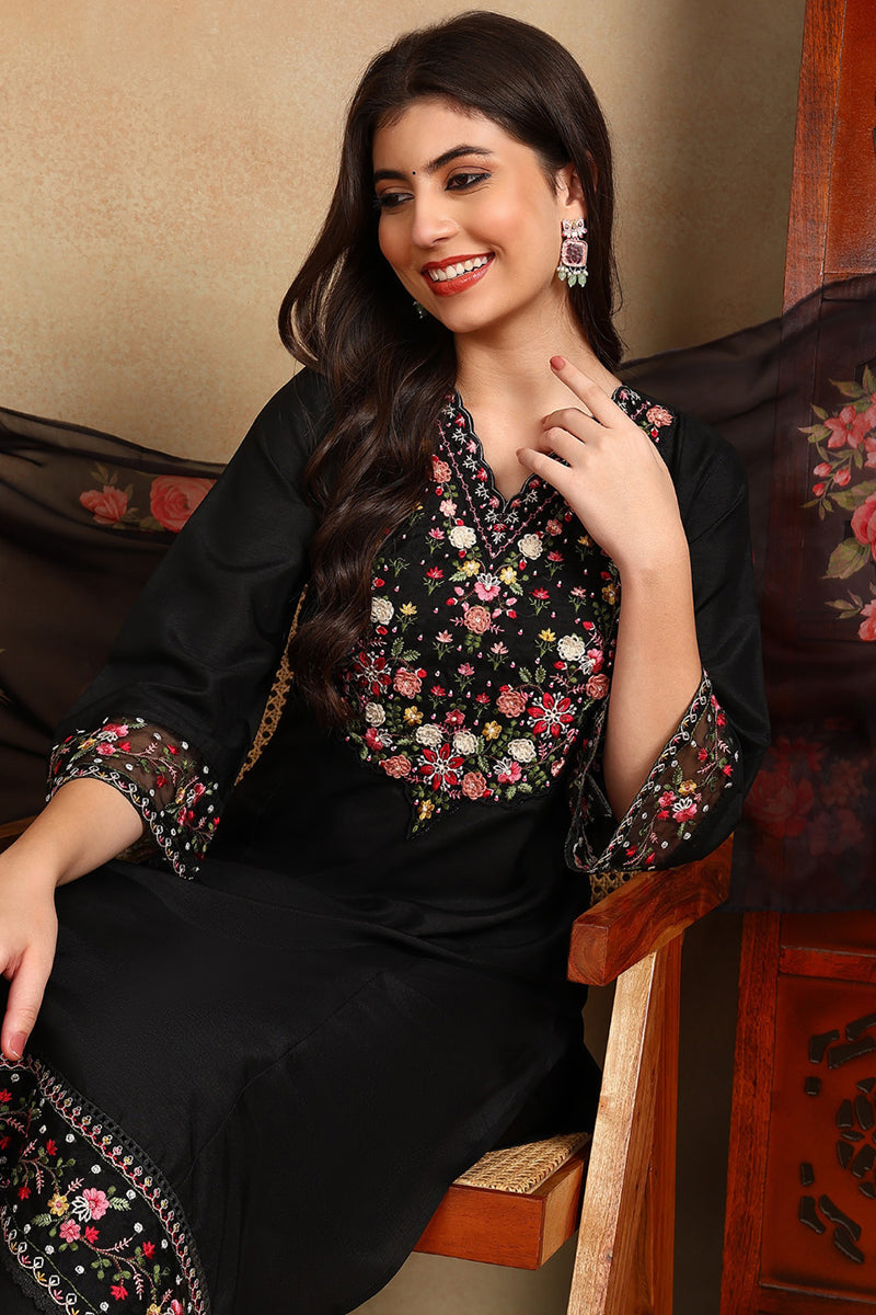 Ahika Black Silk Blend Solid Embroidered Straight Trouser Bottom Suit Set PKSKD2474 - view 2