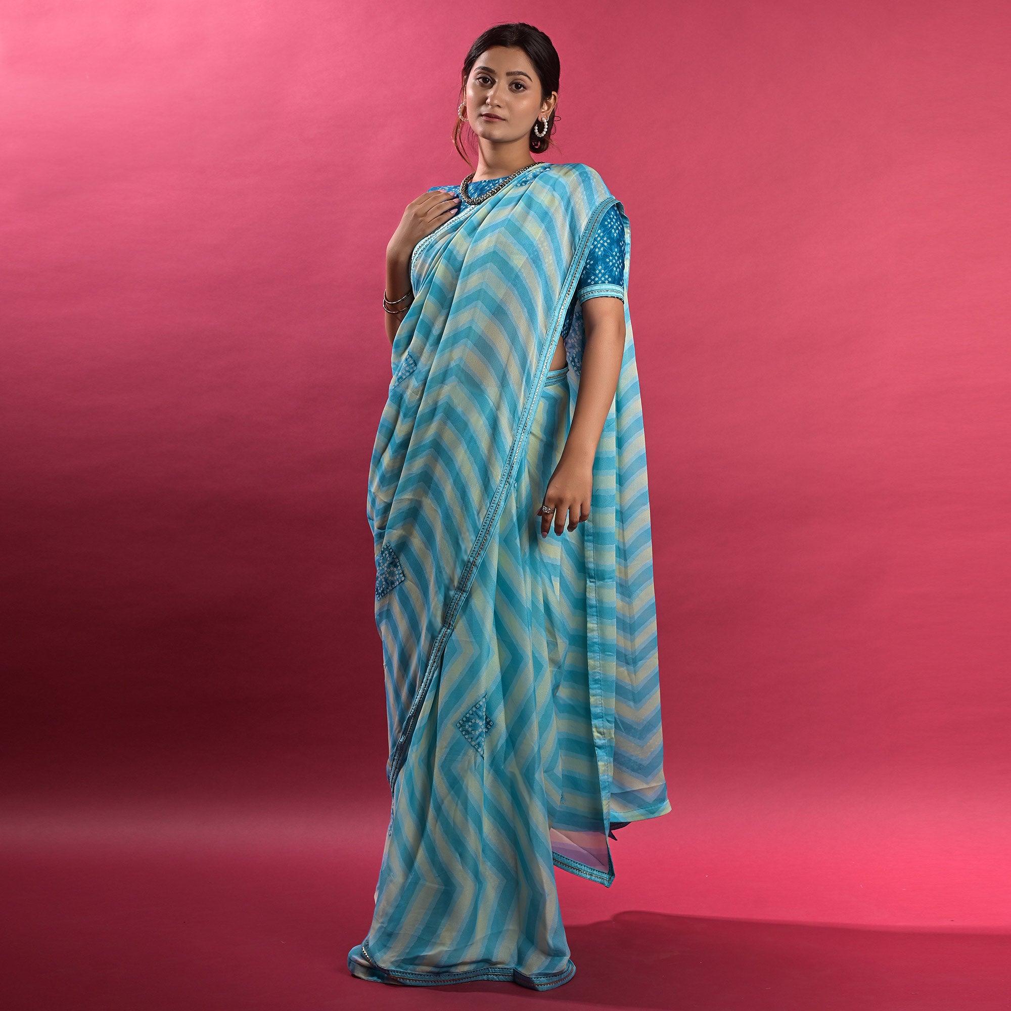Peachmode Blue Stripe Printed Chiffon Saree – Women's