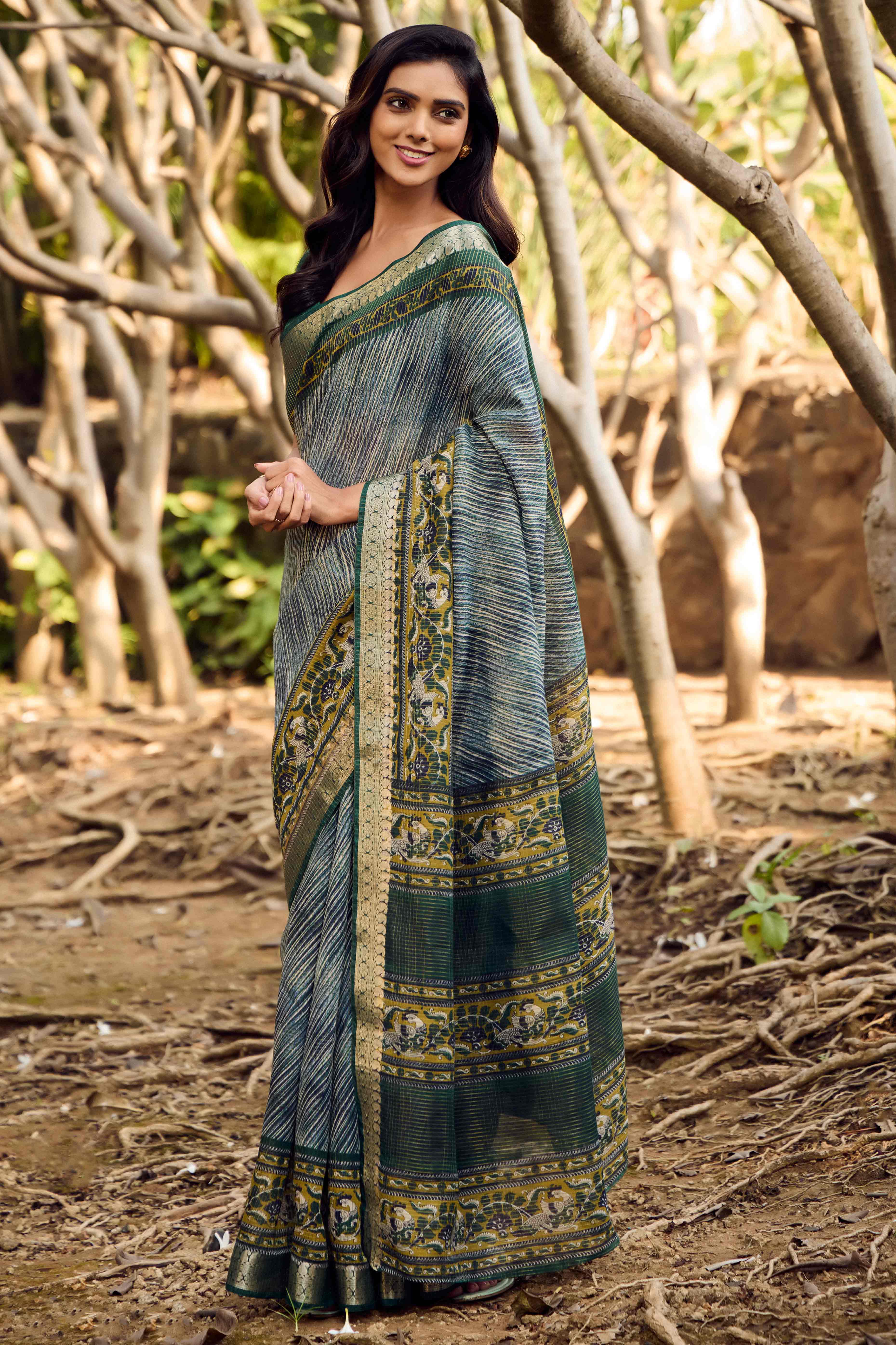 Green sarees – BlackTree green-printed-mulmul-cotton-saree-with-jacquard-border