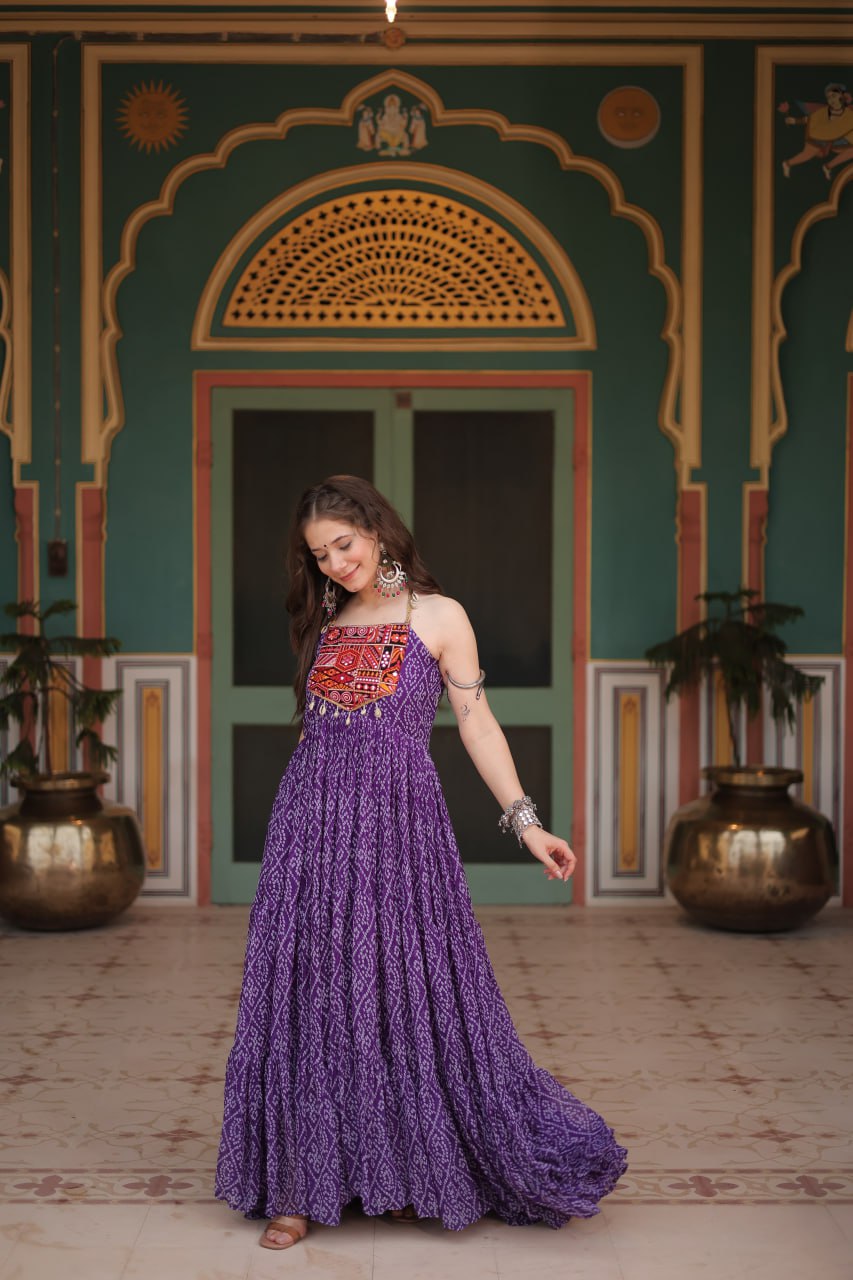ClothsVilla Purple Bandhani Print Sleeveless Gown with Kutchi Patchwork