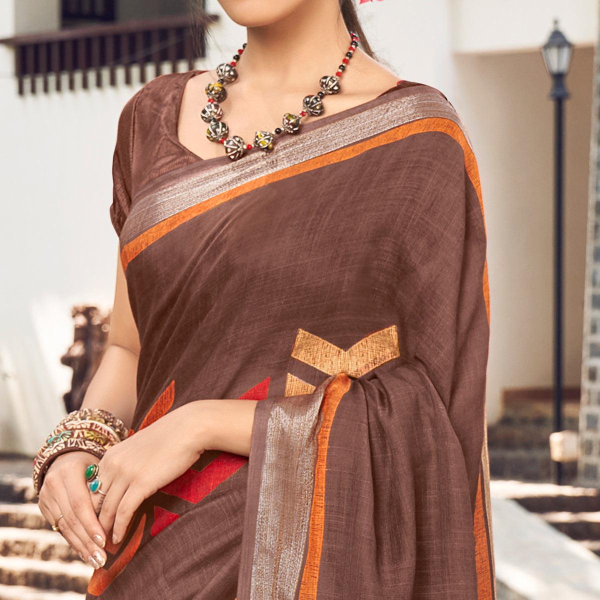 Peachmode Brown Printed Linen Saree – Women's - view 2